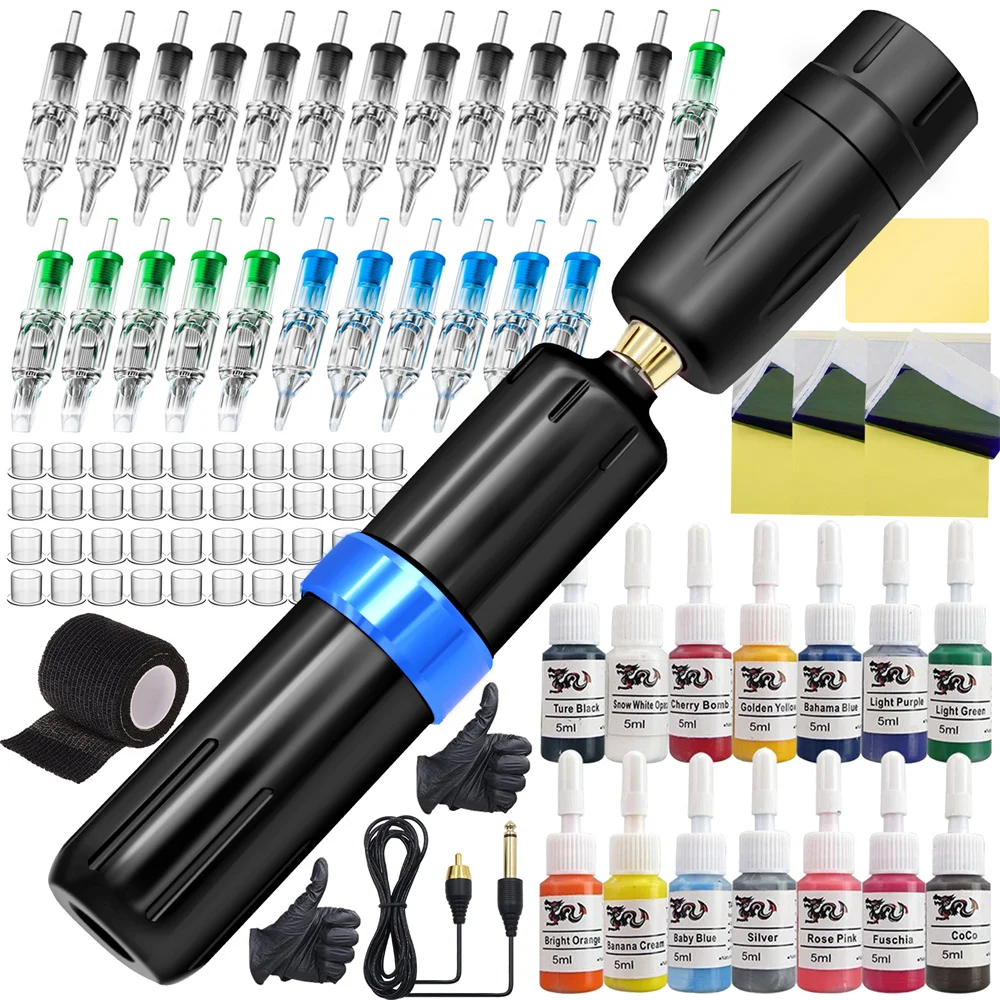 

Wireless Tattoo Kit Complete Tattoo Pen Machine Kits with Battery Cartridge Needles Power Supply Inks Rotary Tattoo Pen Set