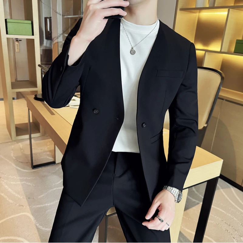 Sexy Collarless Suit Two-Piece Suit ~ Fashion Seamless V-neck Design Sense Trendy Handsome Thin Suit