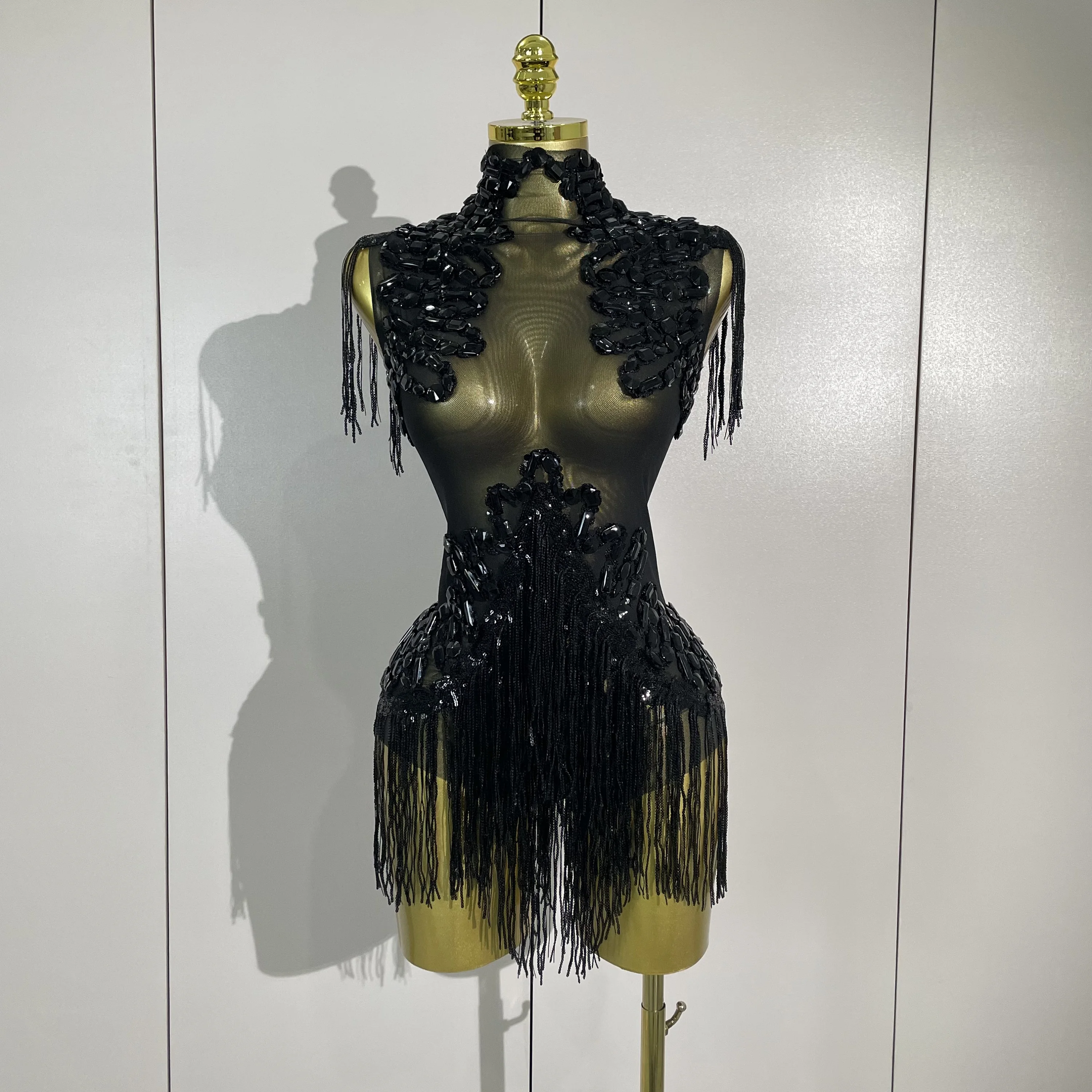 

Sparkly Rhinestone Sequin Tassel Mesh See-Through Stretch Bodysuits Women Birthday Party Nightclub Dj Stage Performance Costume