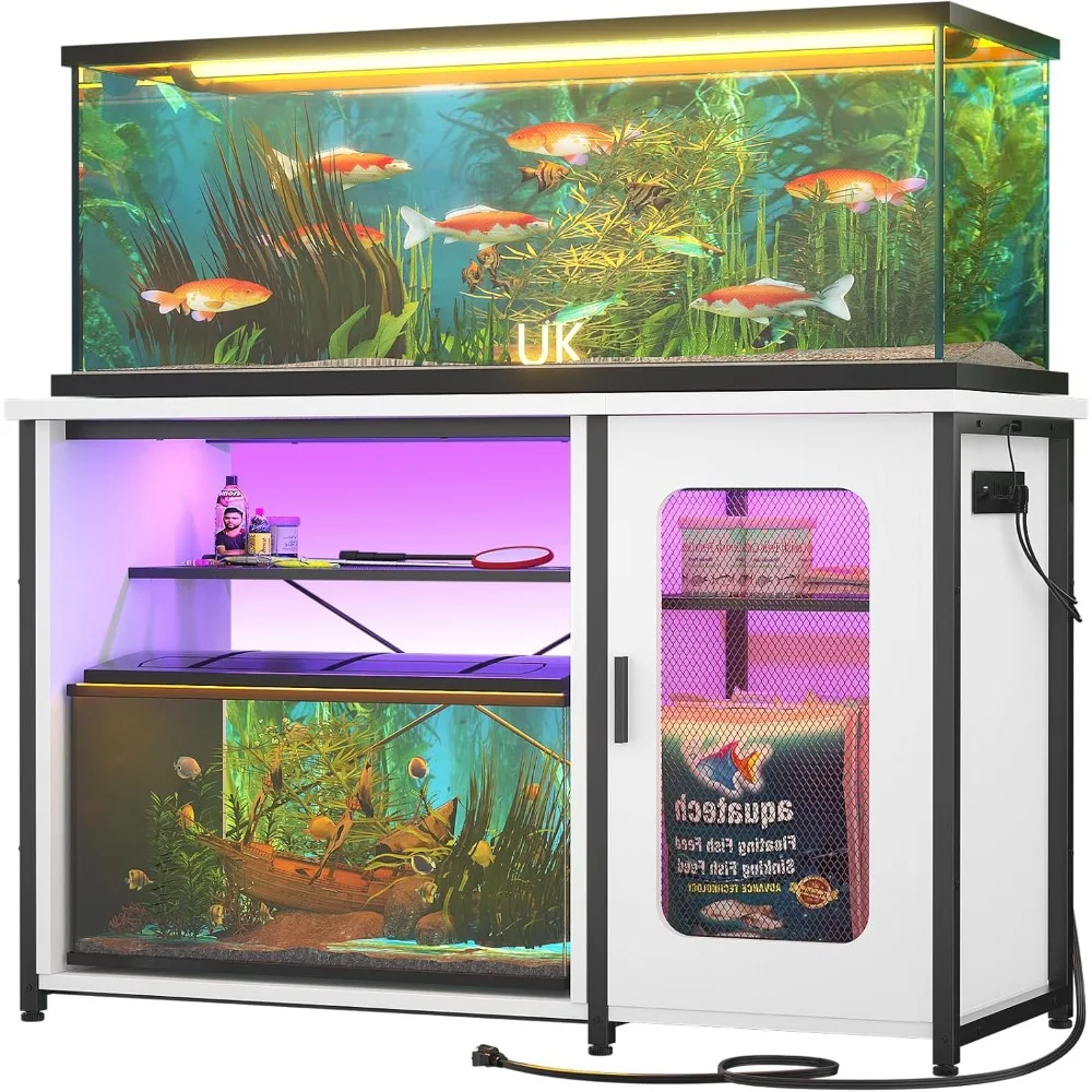 

55-75 Gallon Aquarium Stand with Power Outlets & LED Light, Reversible Fish Tank Stand with Cabinet for Tank Accessories Storage