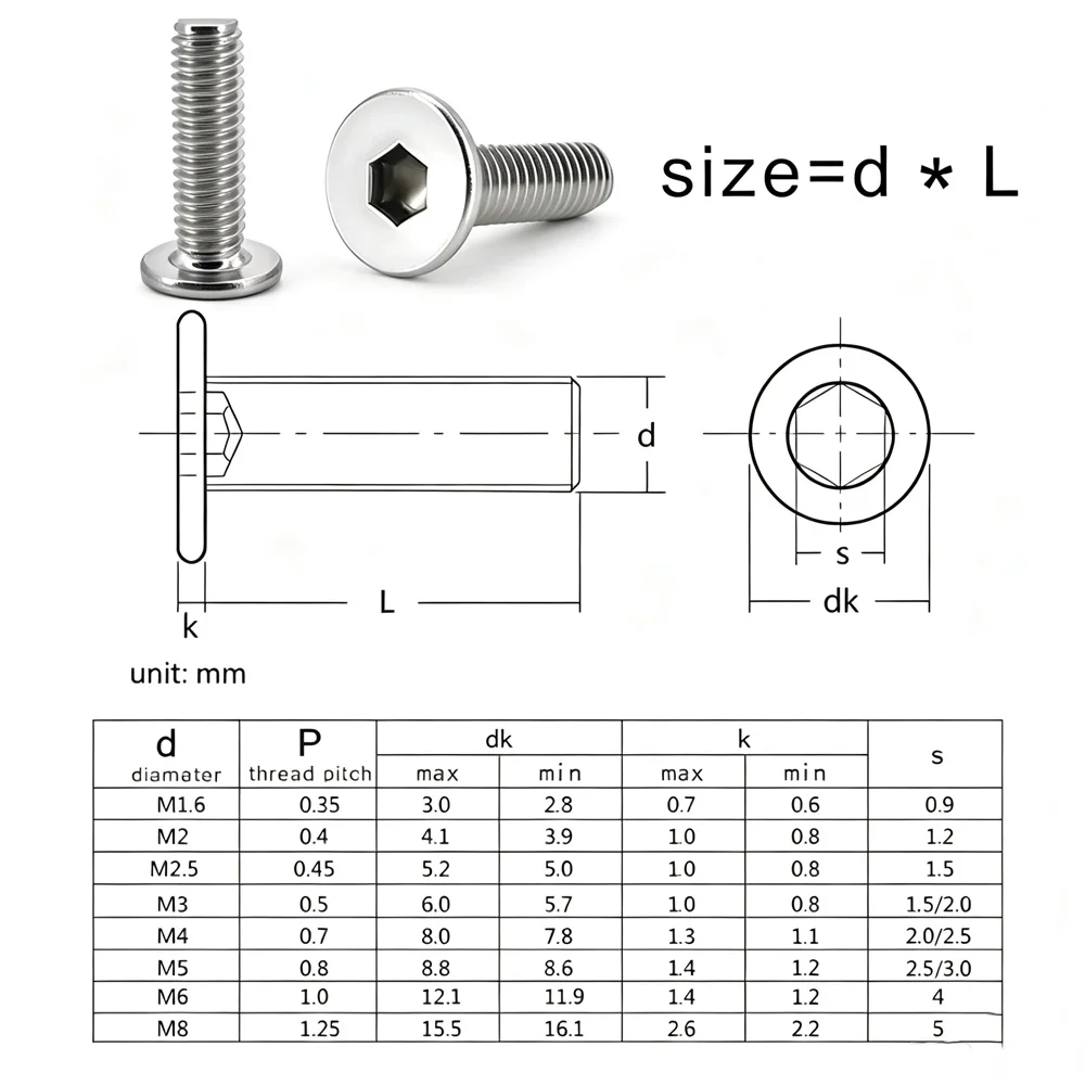 Hexagon Socket Ultra Thin Super Low Flat Wafer Allen Head Bolt M2 M2.5 M3 M4 M5 M6 M8 DIN916 304 Stainless Steel A2-70 Screws