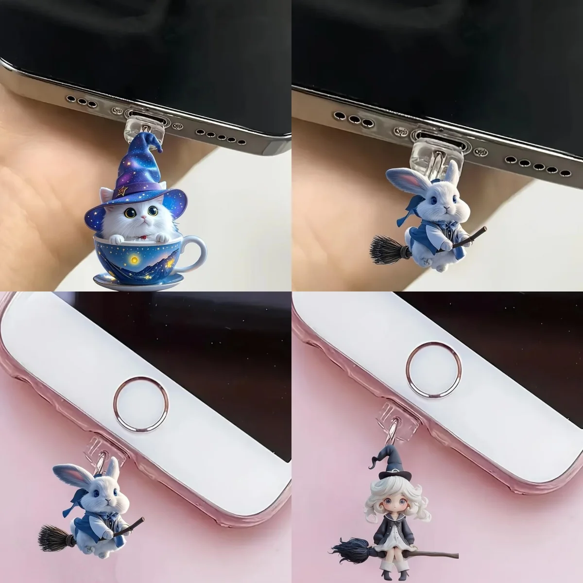 Witch Hat Cat Broom Rabbit Phone Dust Plug Accessories For iPhone For Samsung Type-C Charging Port Hanging Charms Decoration 2D