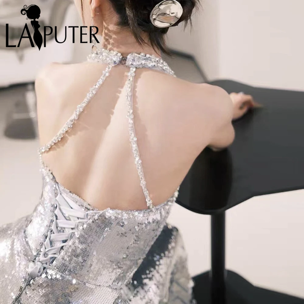 Robe de soirée sirène à paillettes argentées, col licou, col en V, dos nu, perles de cristal, robe de célébrité