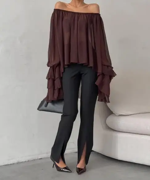 Women's Chiffon Shirt Summer New French Personalized Sexy Style Solid One Piece Neck Perspective Loose Horn Sleeve Chiffon Shirt