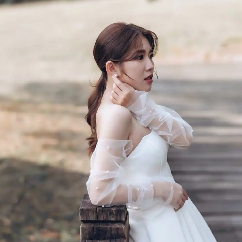Bridal Mesh Fingerless Gloves Long Pearl Sleeves Wedding Dress Accessory Elegant Women Handwear For Photoshoot Props