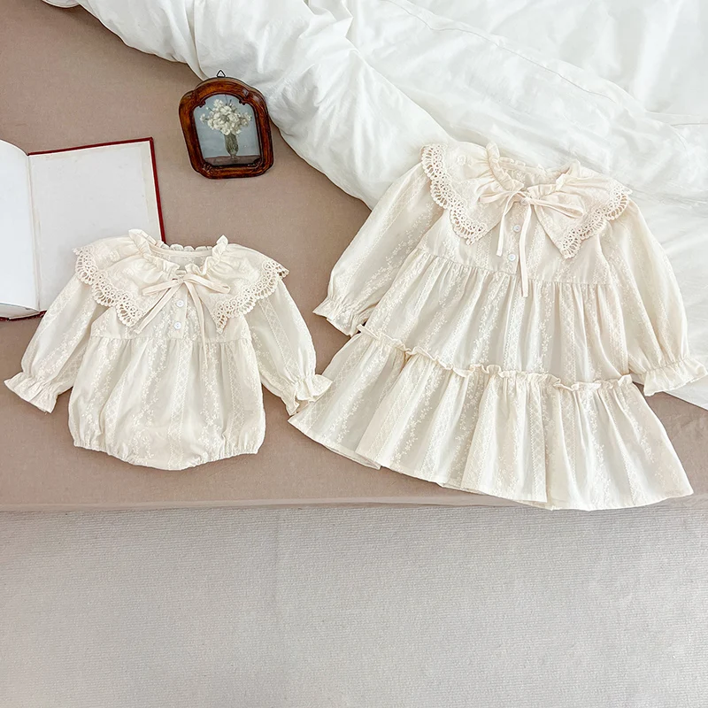 Autumn Sisters Dress Baby Bodysuit Flower Embroidery Dress For Infant Girls Toddler Outfit Sisters Lace Collar Princess Dress