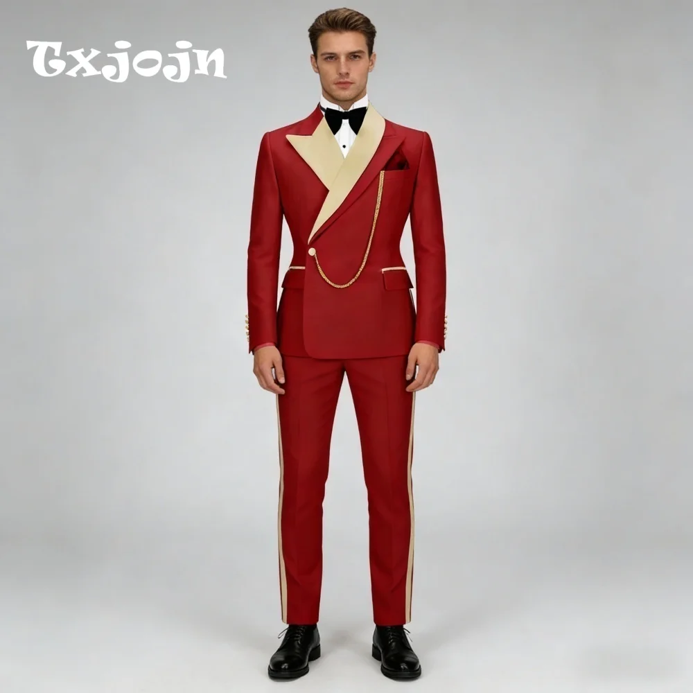 

Red Gold Contrast Color For Men Wedding Elegant Peak Lapel 2PCS Suit Groom Suit Set Jacket Pants Wedding Occasion Customized