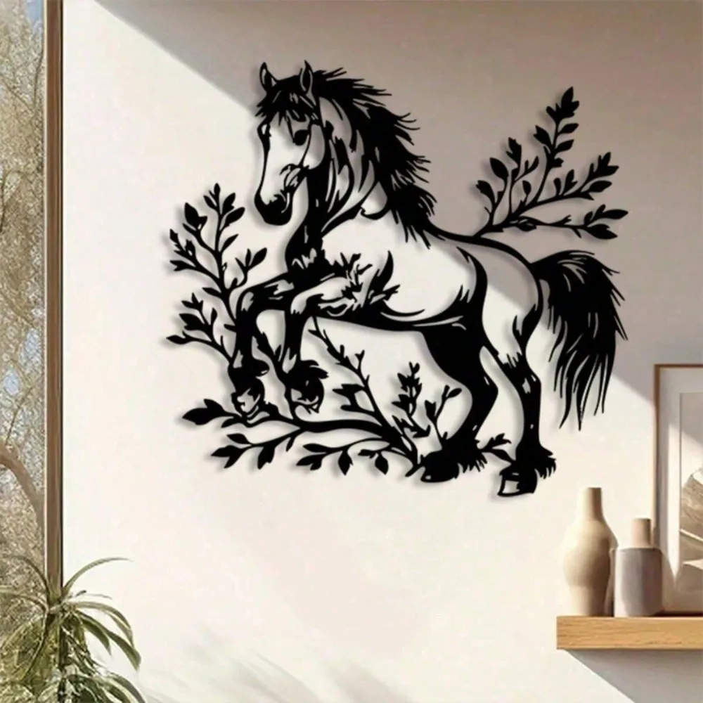 Escultura de arte de pared de metal de caballo galopante, decoración de rama de árbol de hierro rústico blanco y negro, decoración de pared exterior interior de granja, casa