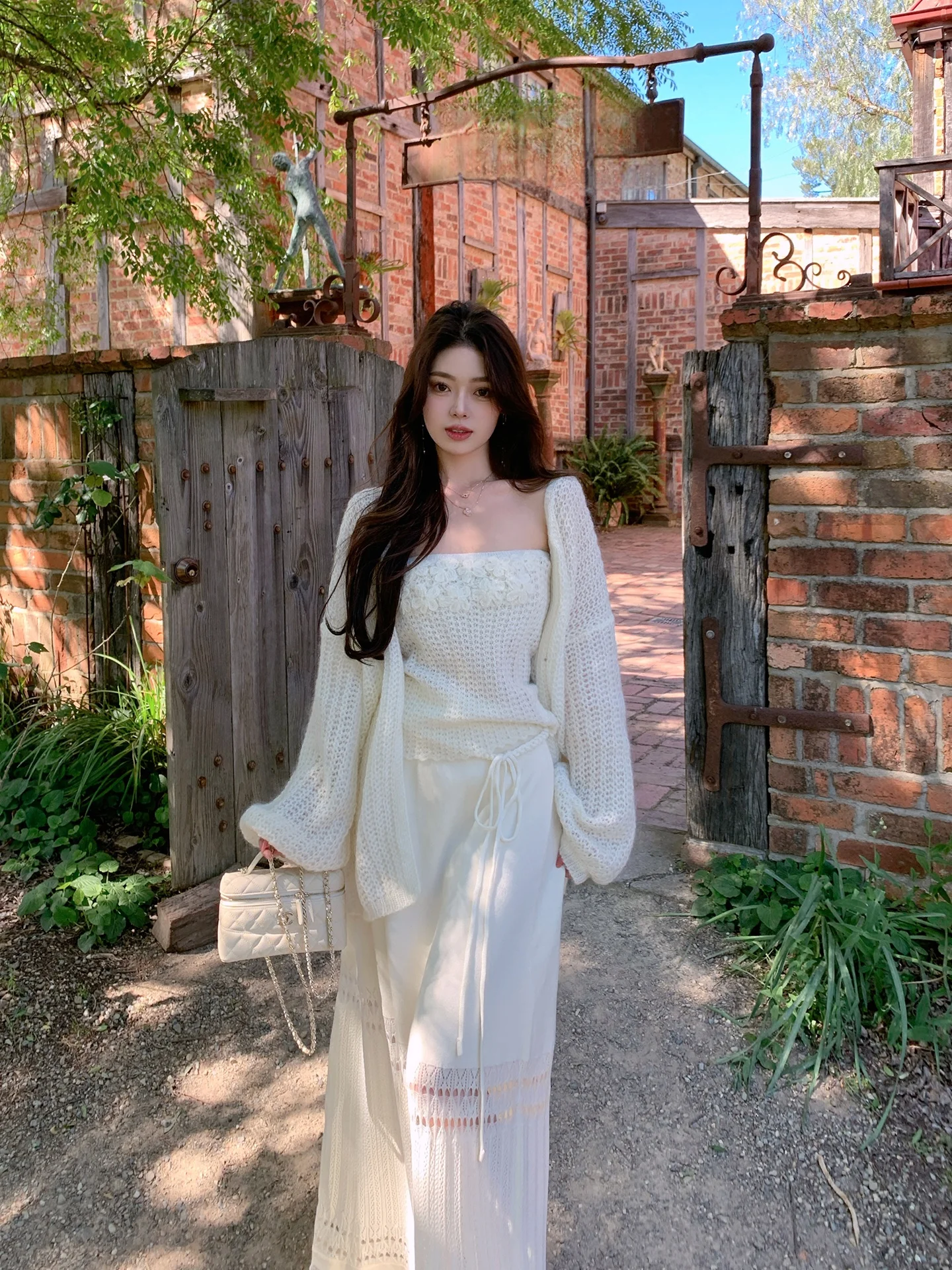 ByYou Spring Lantern Sleeve Cashmere Wool Knitted Open Cardigan Outerwear Set Women's White Strapless Top Two-Piece Set - view 4