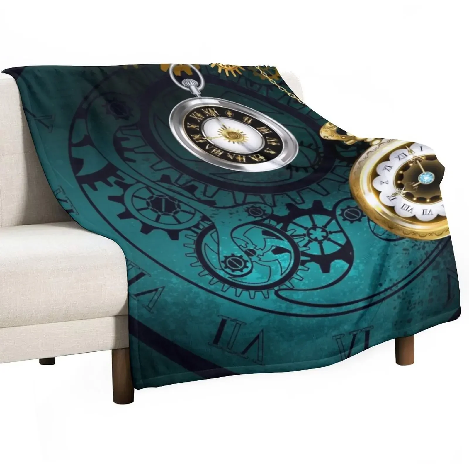 

Clock with Gears on Green Background ( Steampunk ) Throw Blanket cosplay anime anime bed plaid Blankets