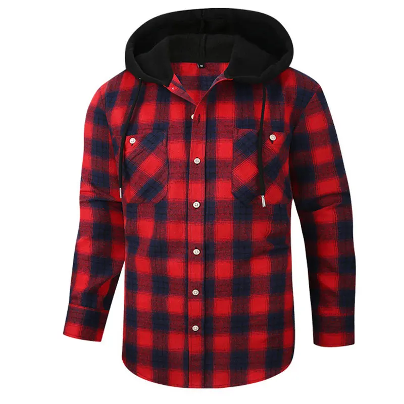 Spring and autumn new fashion hooded double pocket daily casual plaid flannel men\'s long-sleeved shirt wool coat American code