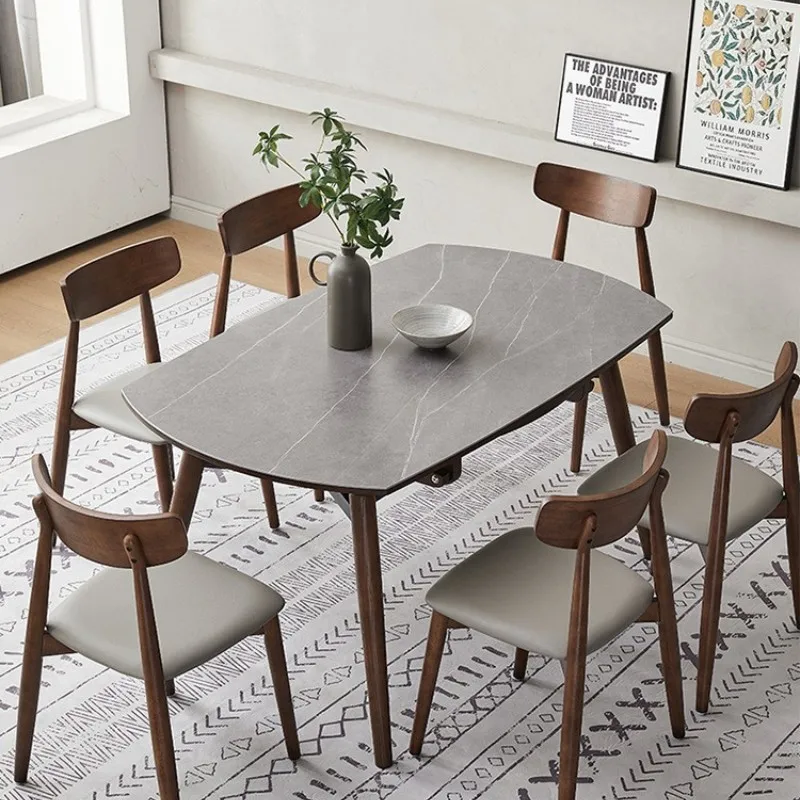 

Nordic solid wood dining table household retractable folding rock slab dining table and chair combination light luxury