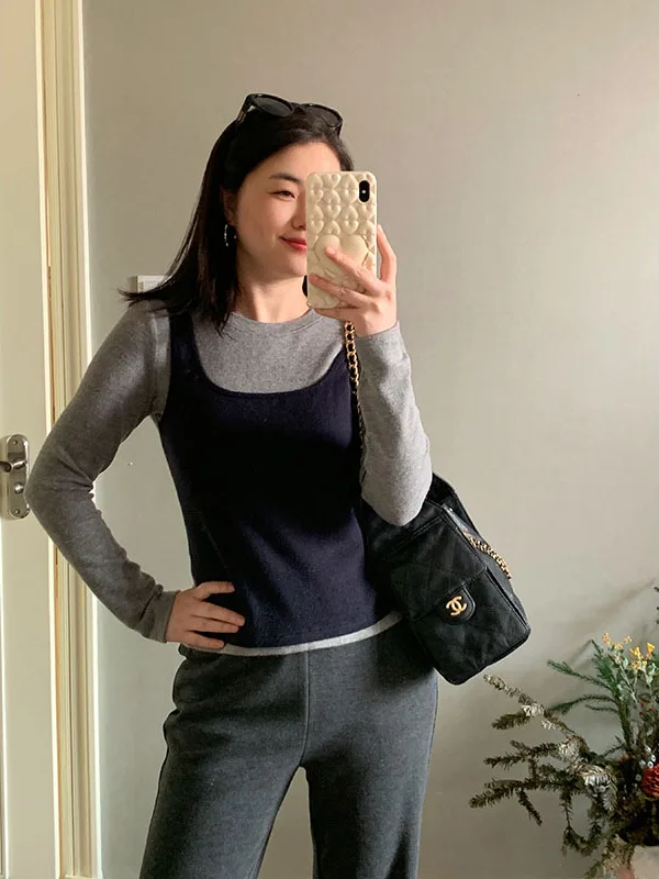 

Autumn Winter Knitwear Hooded Fake Two-Piece Color Blo 240g Wool Blend Base Layer French Sle Long Sve Loose Fit Women'...