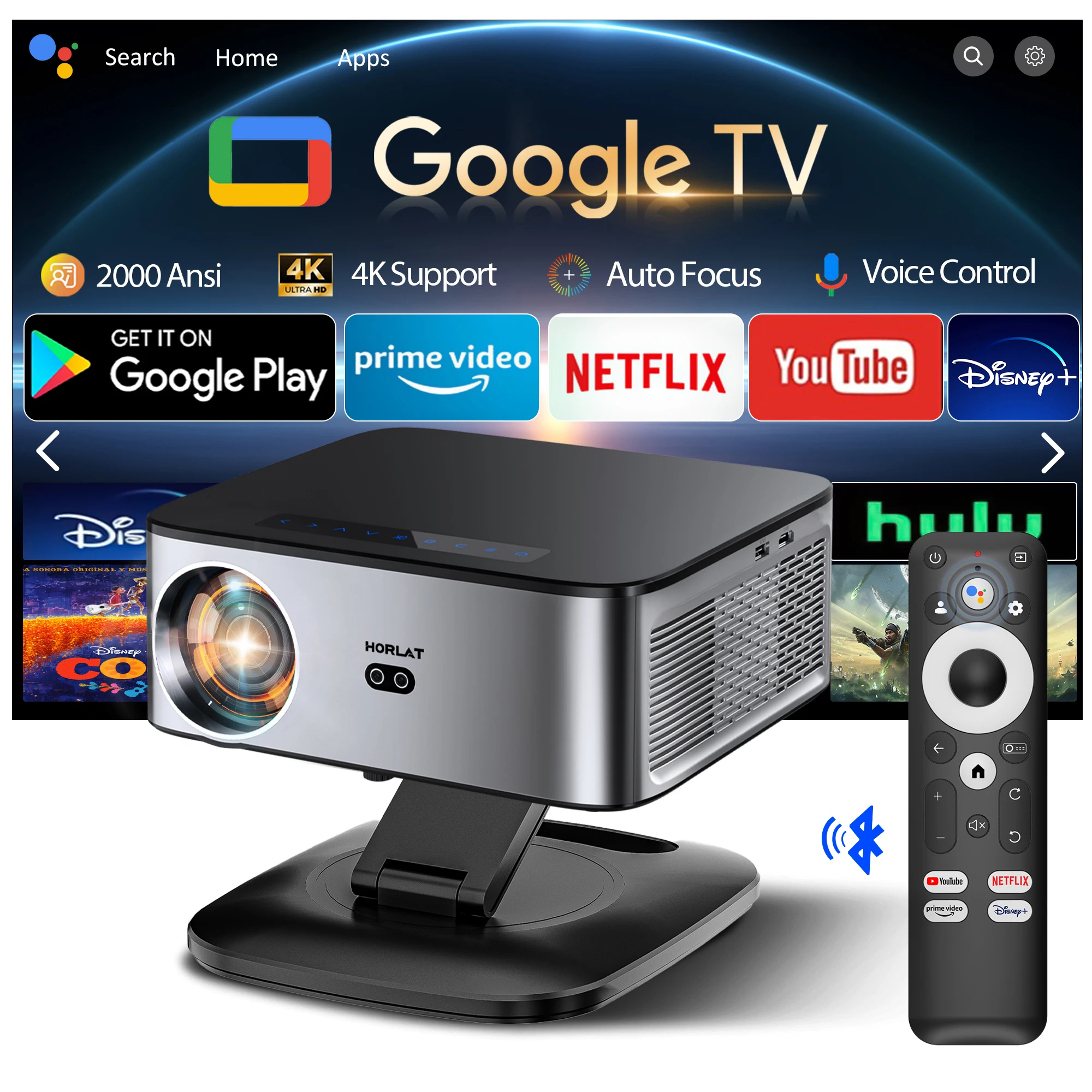 HORLAT T09MAX Google TV Projector Full HD 1080P Android Beamer 2000 ANSI Lumen WiFi 6 3D 4K Ondersteuning Smart Home Theater Projector