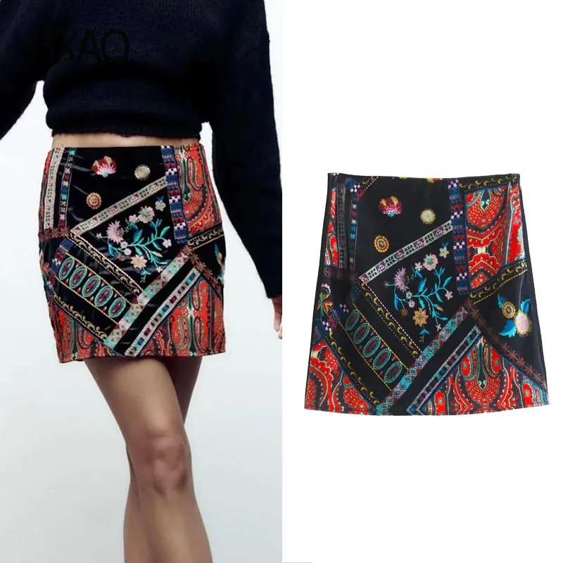 

HXAO Printed Skirts for Women Velvet A-Line Mini Skirt Fashion Elegant Short Skirts Skirt Vintage Print Wrap Skirt