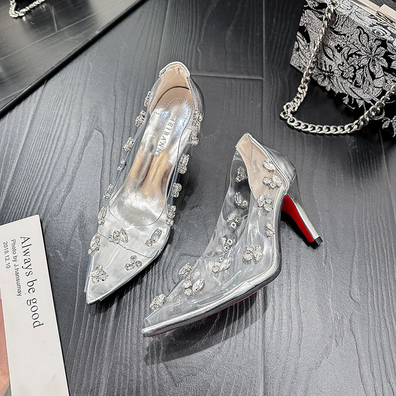 Silver Transparent Rhinestone High Heels Women 2024 Summer Banquet Red Bottom Fine Heel Crystal Wedding Shoes Tacones Mujer