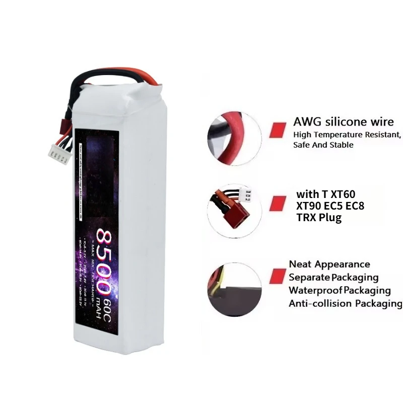 14.8V 4S 8500mAh Lipo Battery 60C with T XT60 XT90 EC5 EC8 TRX Plug for RC Car Boat RC Drone Helicopter Airplane Truck Truggy