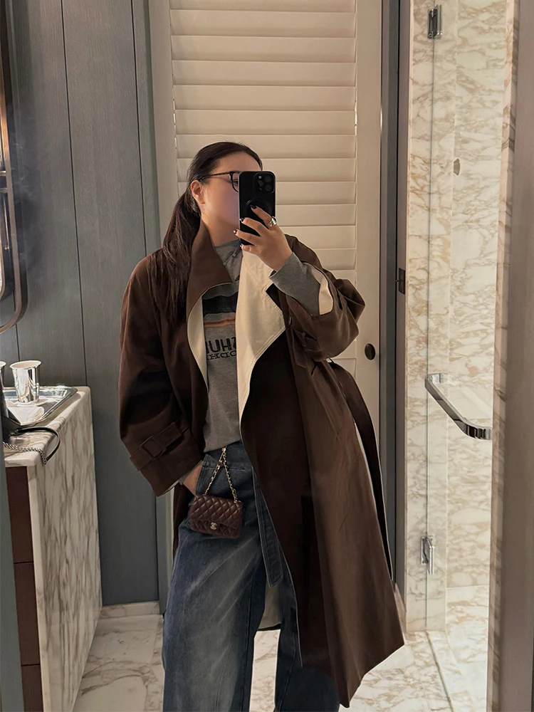 

Женская ветровка с воротником, в стиле колор-блок, британский стиль, большие размеры, повседневное осеннее пальто с длинными рукавами