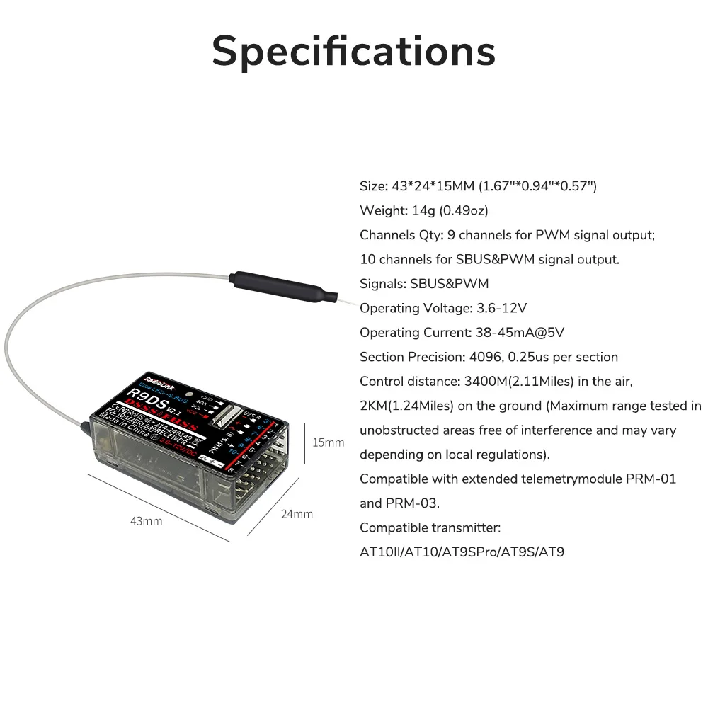 Ricevitore RC Radiolink R9DS 9 canali Trasmissione informazioni di volo Segnale SBUS/PWM/PPM compatibile con AT9 AT9S AT10II AT10