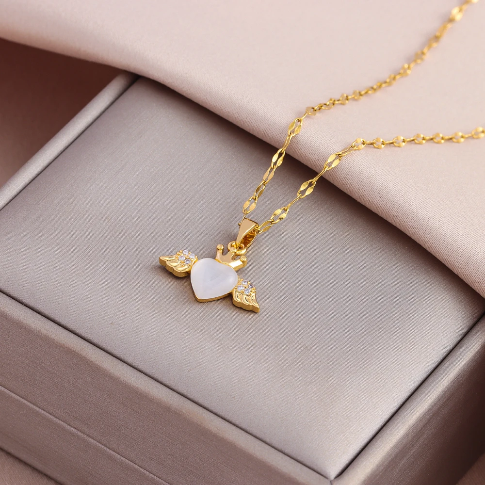 New Cute Opal Heart Angel Wings Necklaces For Women Sweet Sexy Female Stainless Steel Neck Chain Jewelry Girls Gift Wholesale