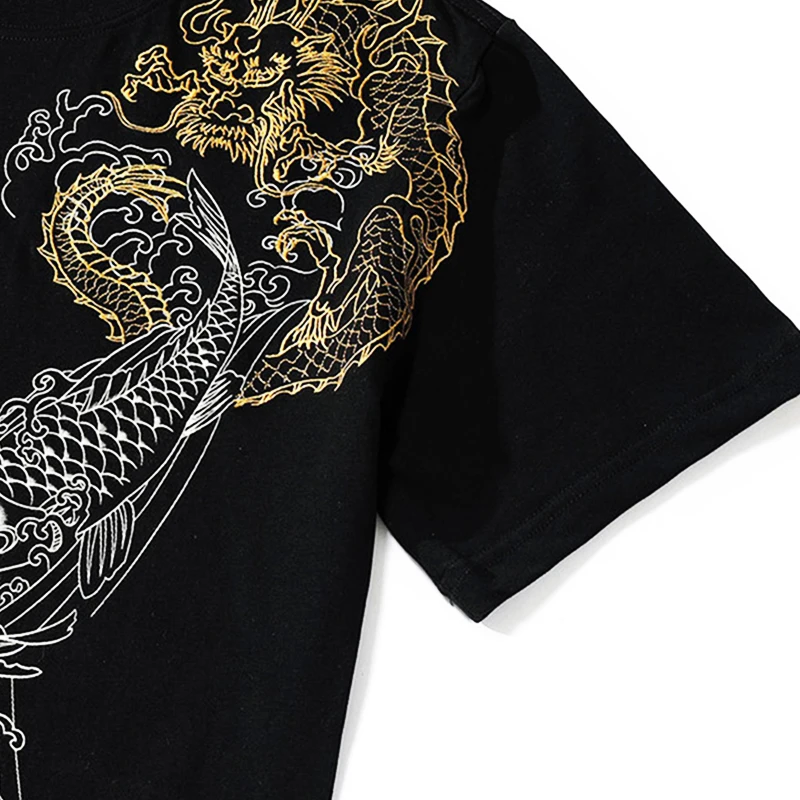 Lyprerazy Harajuku Japanese Men\'s Cotton Tops Tees Chinese Style Carp Fish Dragon Embroidery Short-sleeved T-shirt