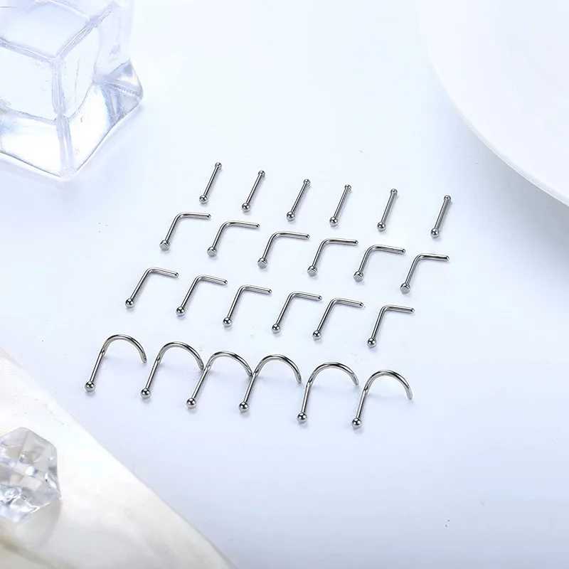 Stainless steel 42PCS nose ring nail, surgical steel nose piercing kit, hypoallergenic nose piercing jewelry, 20-gauge nose nail