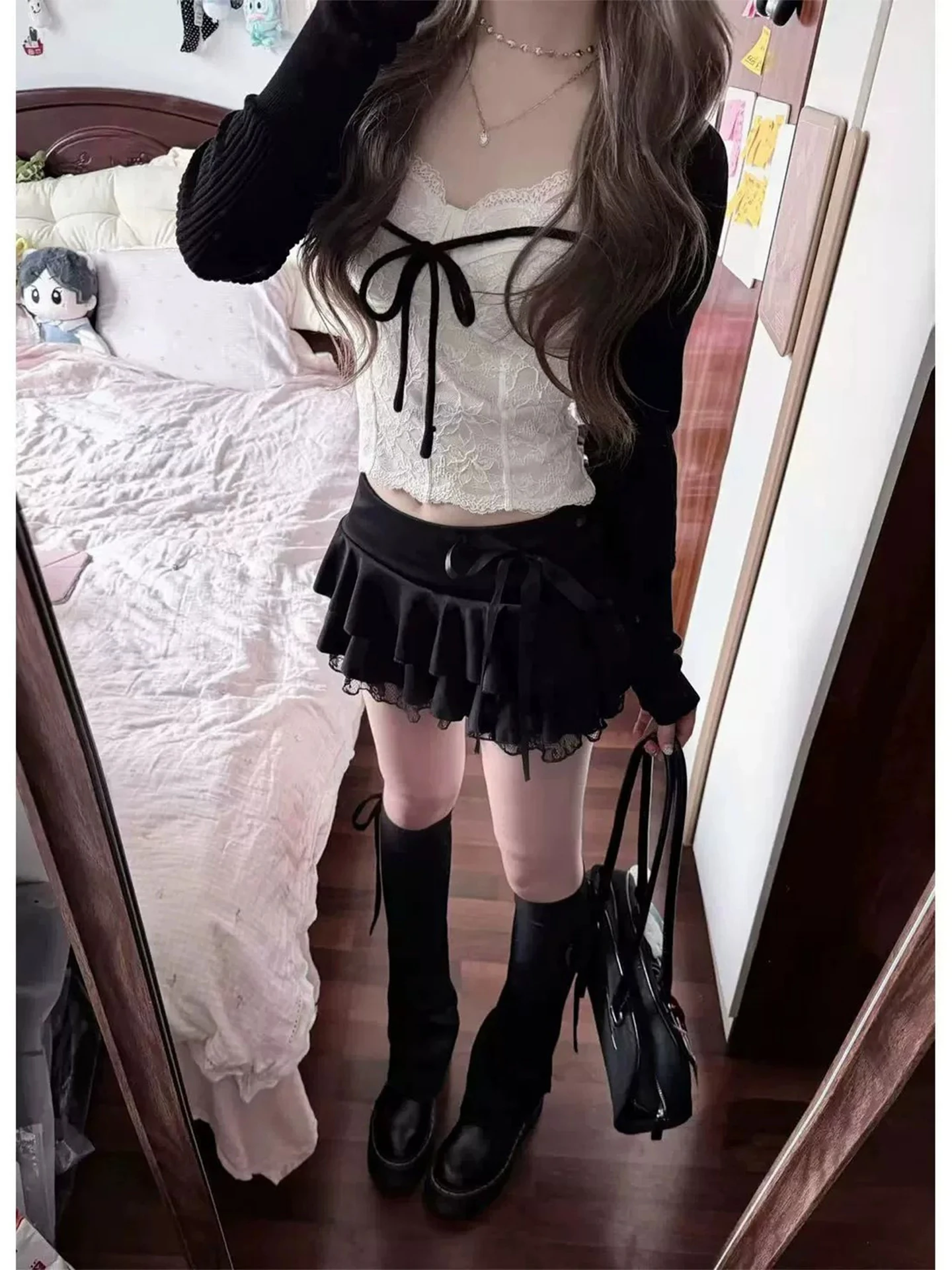 Sexy  Knot Lace Half Skirt Women's Black Cake Puffy Short Skirt Autumn Versatile Casual High Waist A-Line  Skirt