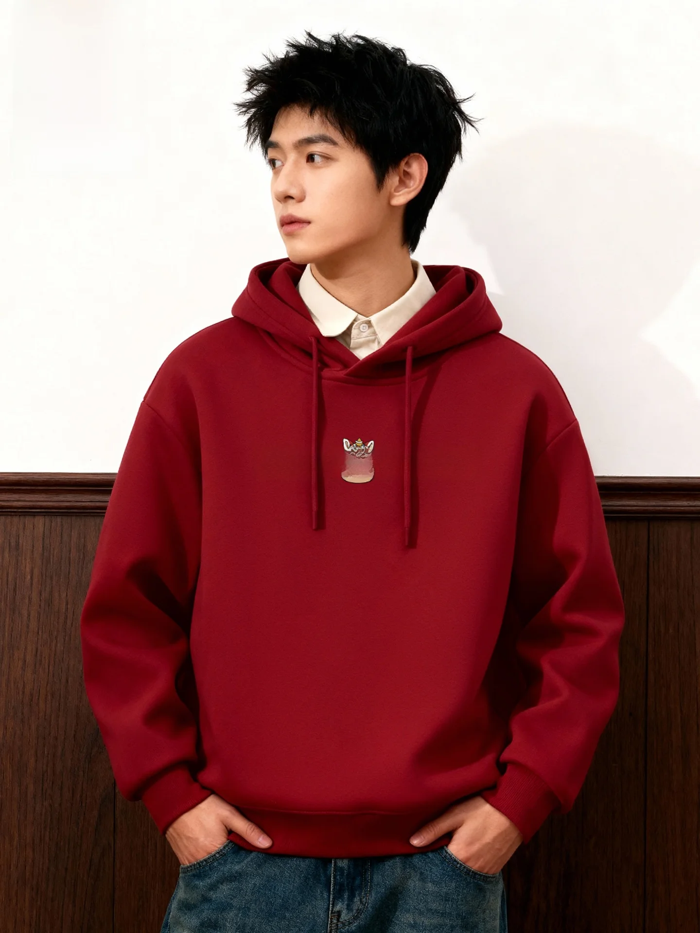 

Новинка 2026: Красная толстовка с капюшоном на флисовой подкладке для зимнего тепла, повседневная, с принтом обезьяны с большим ртом, из смесового хлопка и полиэстера