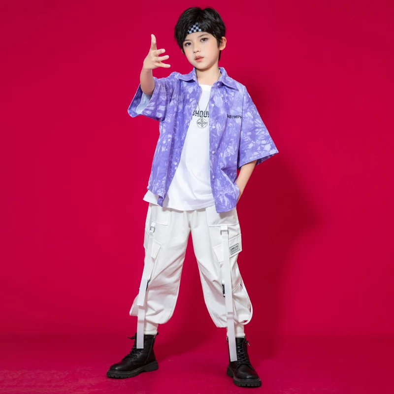 Kids Teen Cool Hip Hop Clothing Tie Dye Short Sleeve Shirt Streetwear Cargo Pants For Girl Boys Jazz Dance Costume Stage Clothes