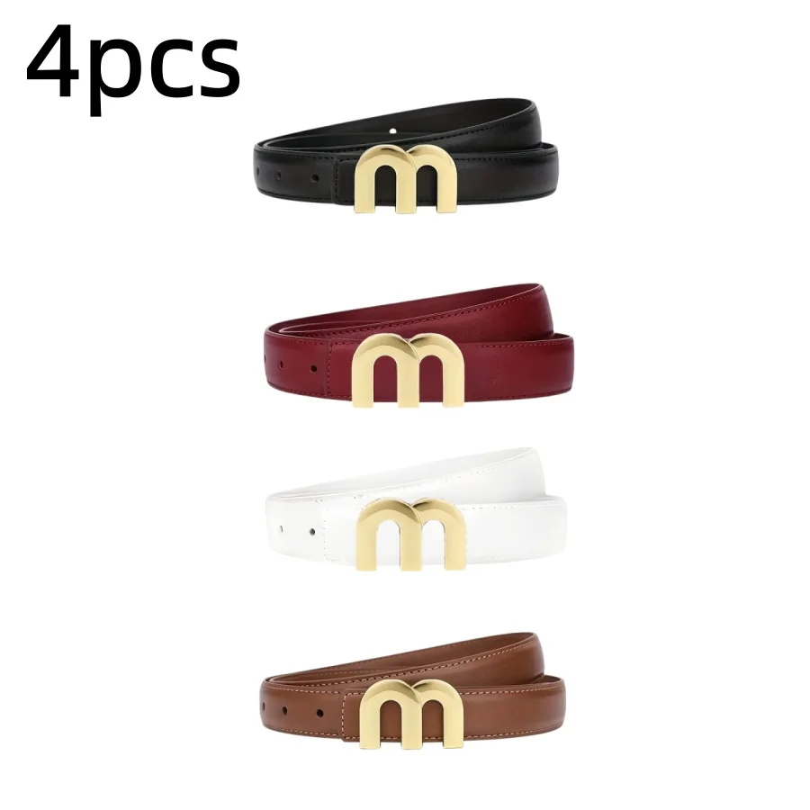 4Pcs Women Fashion Waist Belt Set, Gold‑Tone M Letter Metal Buckle Decorative Waistband, Solid Color Smooth Strap Belts