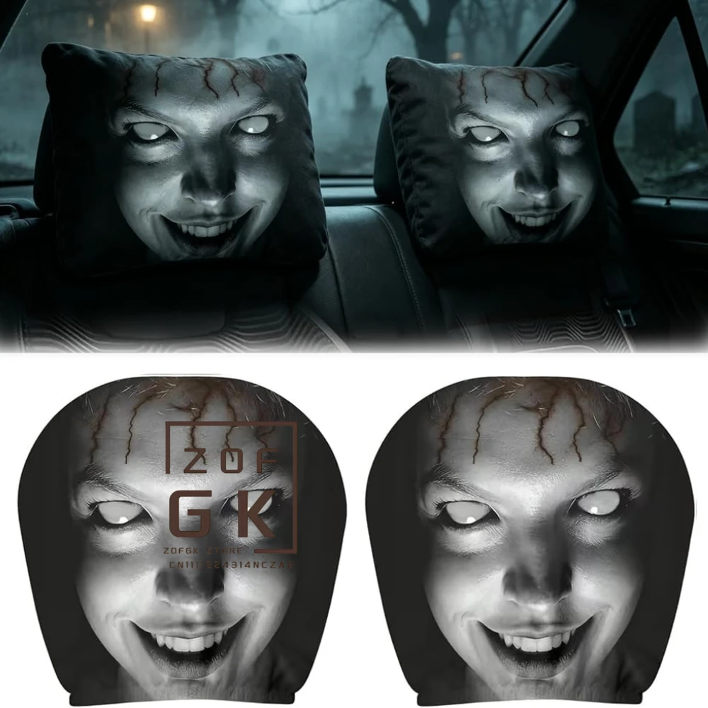 

Car Headrest Covers, Scary Ghost Face Printing Auto Seat Universal Elastic Models Headrest Protector, Funny Cover for Auto