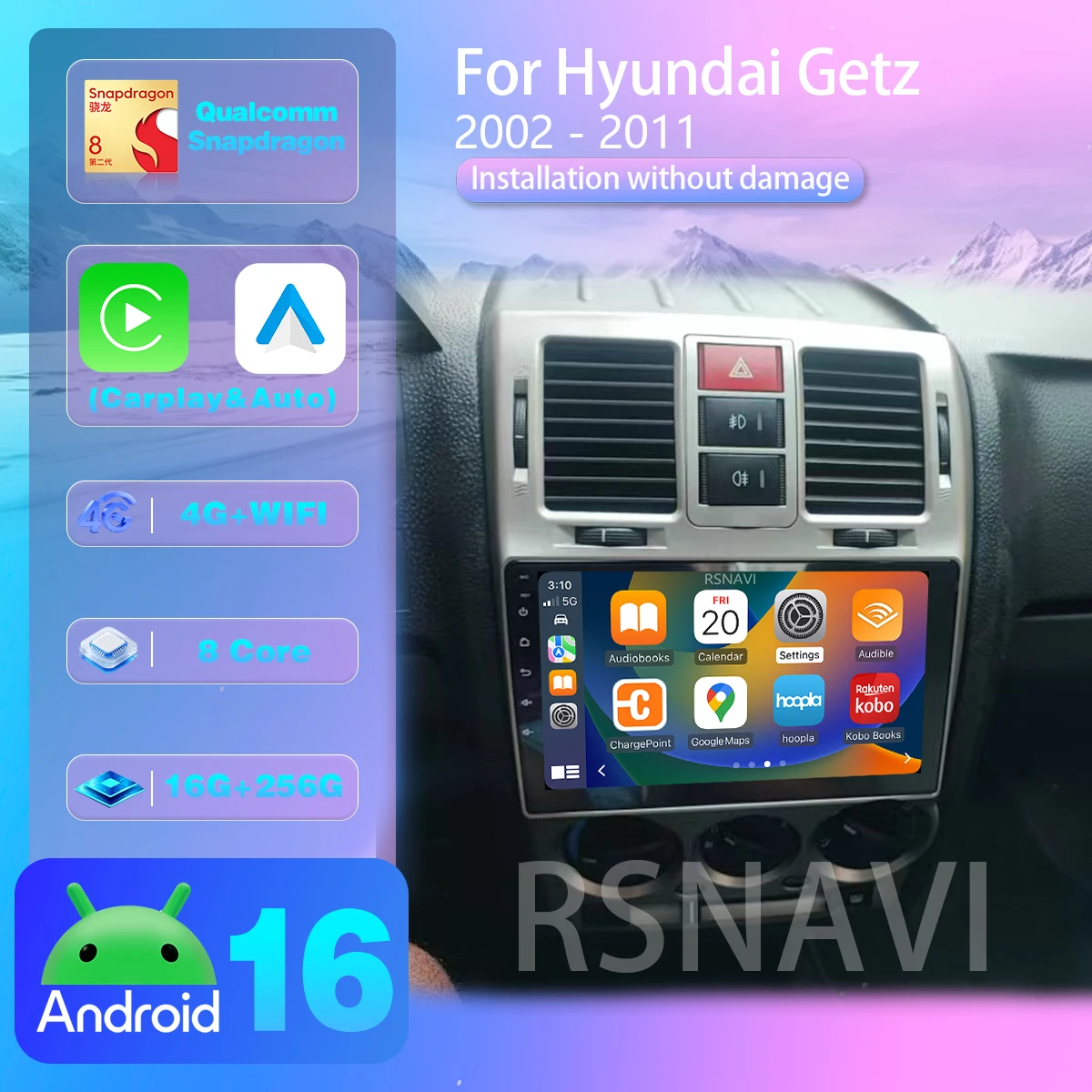 Autoradio Android 16 pour Hyundai Getz 2002-2011, écran 2K, Carplay, Auto, lecteur multimédia BT, navigation WIFI+4G