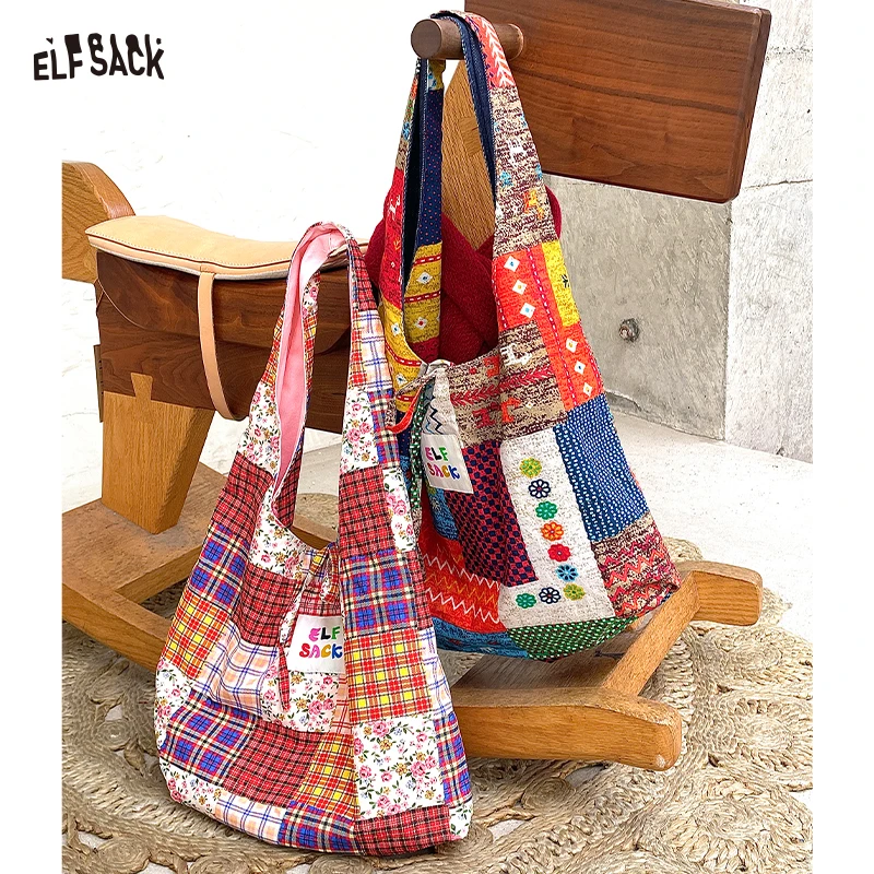 

ELFSACK Color Block Casual Commute Large Capacity Lightweight Tote Shoulder Canvas Bag for Women