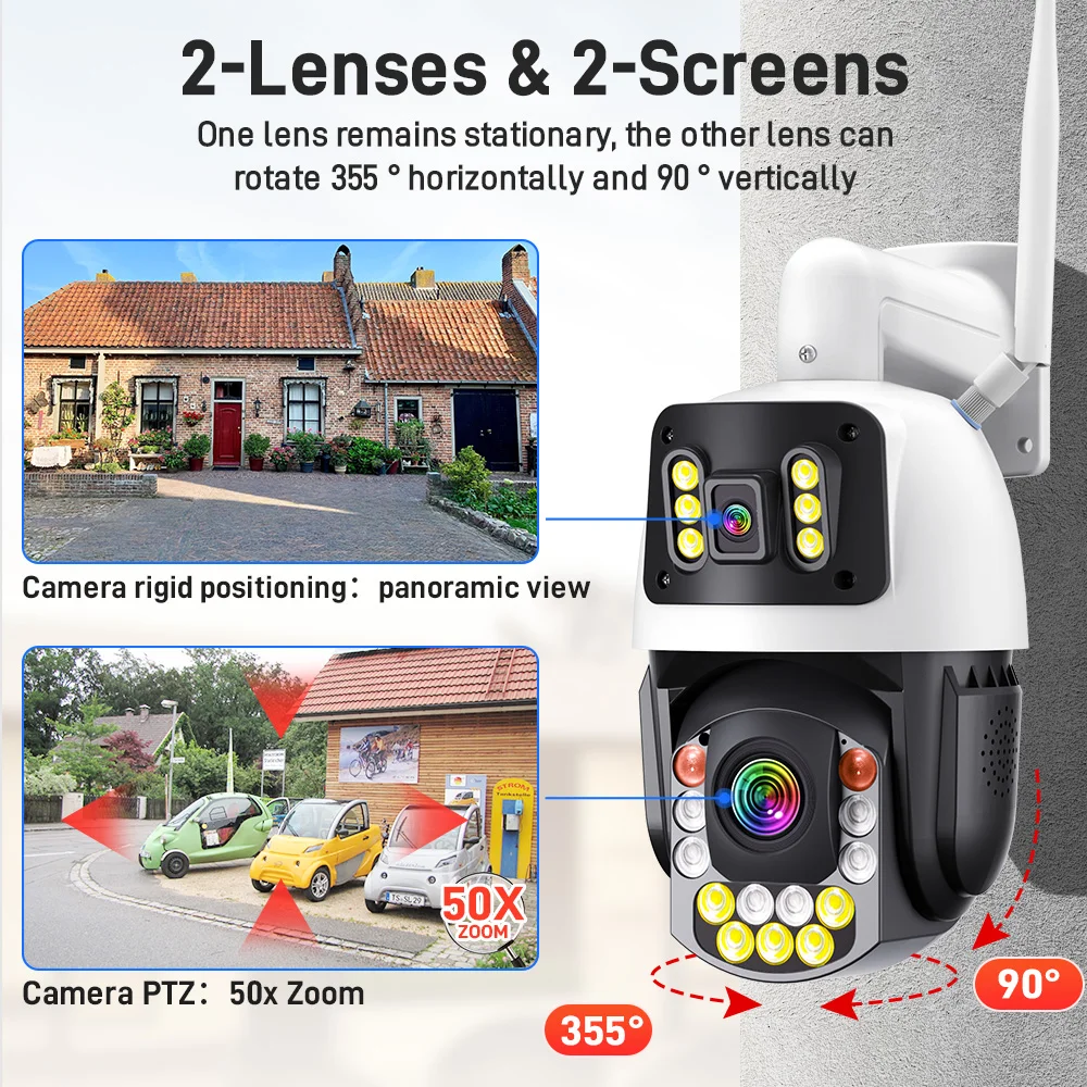 Telecamera di sorveglianza ottica PTZ 50X WiFi 8MP 4K Guscio metallico a due schermi Wireless esterno 360 °   Telecamera IP di sicurezza Smart Home iCSee