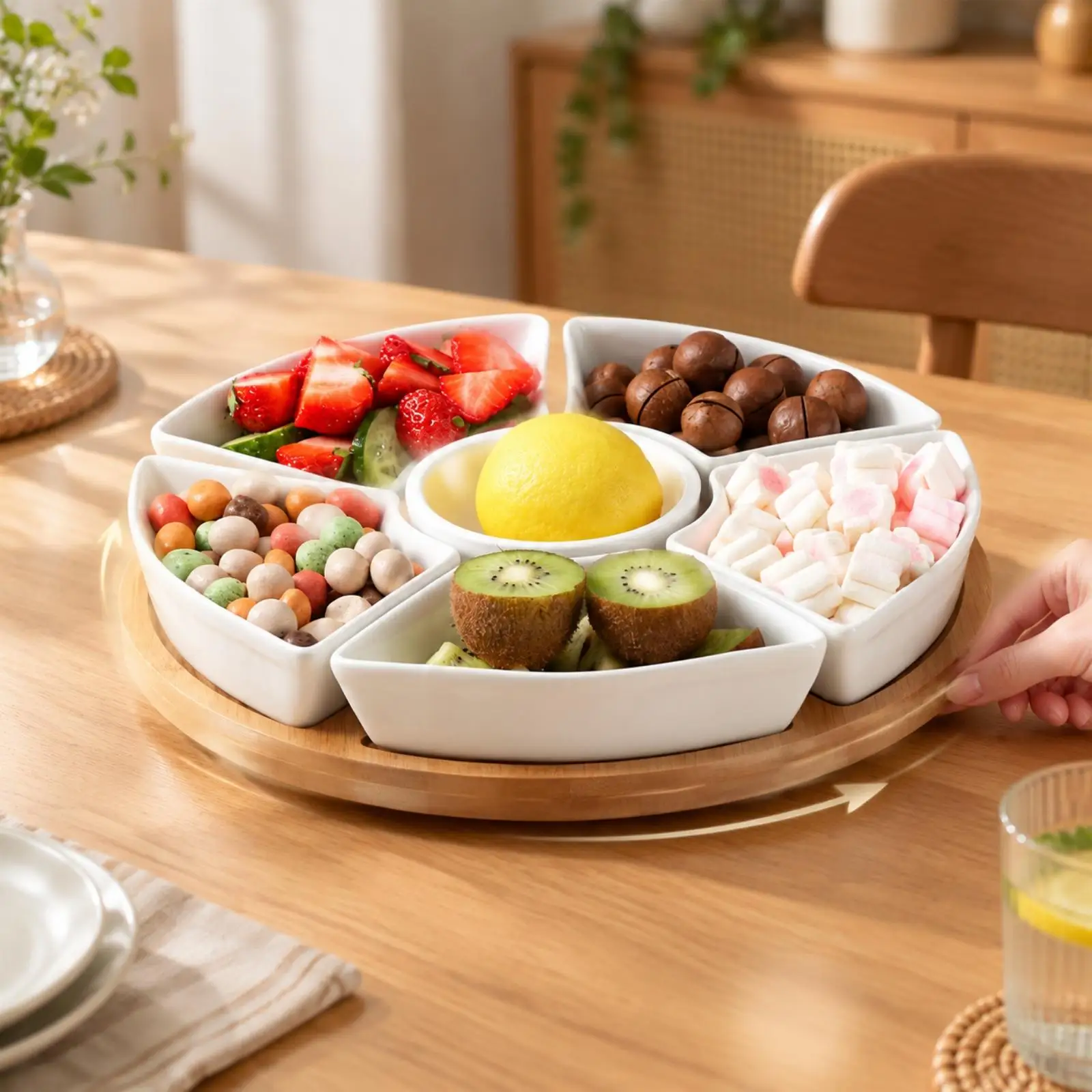 Space Saving Rotating Tray for Snacks Ceramic Sections with Bamboo Base for Family Get Together