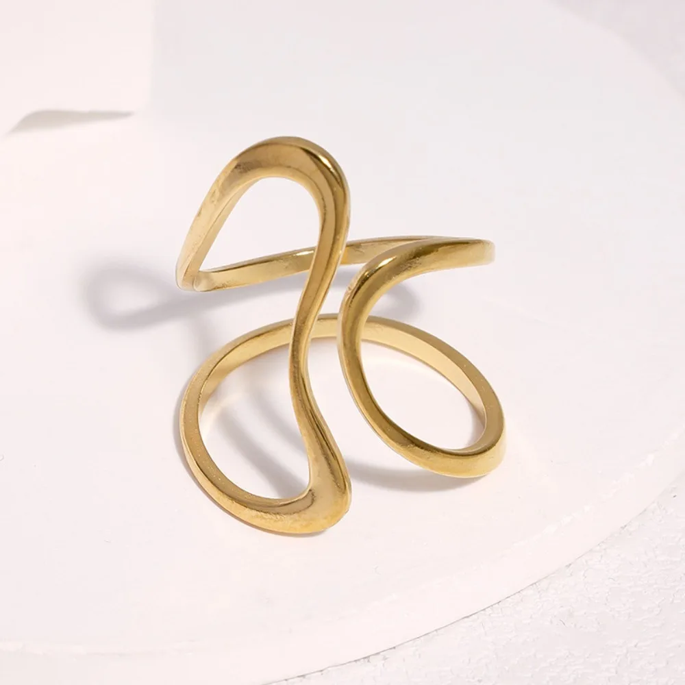Waterproof Stainless Steel Twisted Double Loop Open Ring for Women Abstract Intertwined Curved Band Minimalist Statement Jewelry