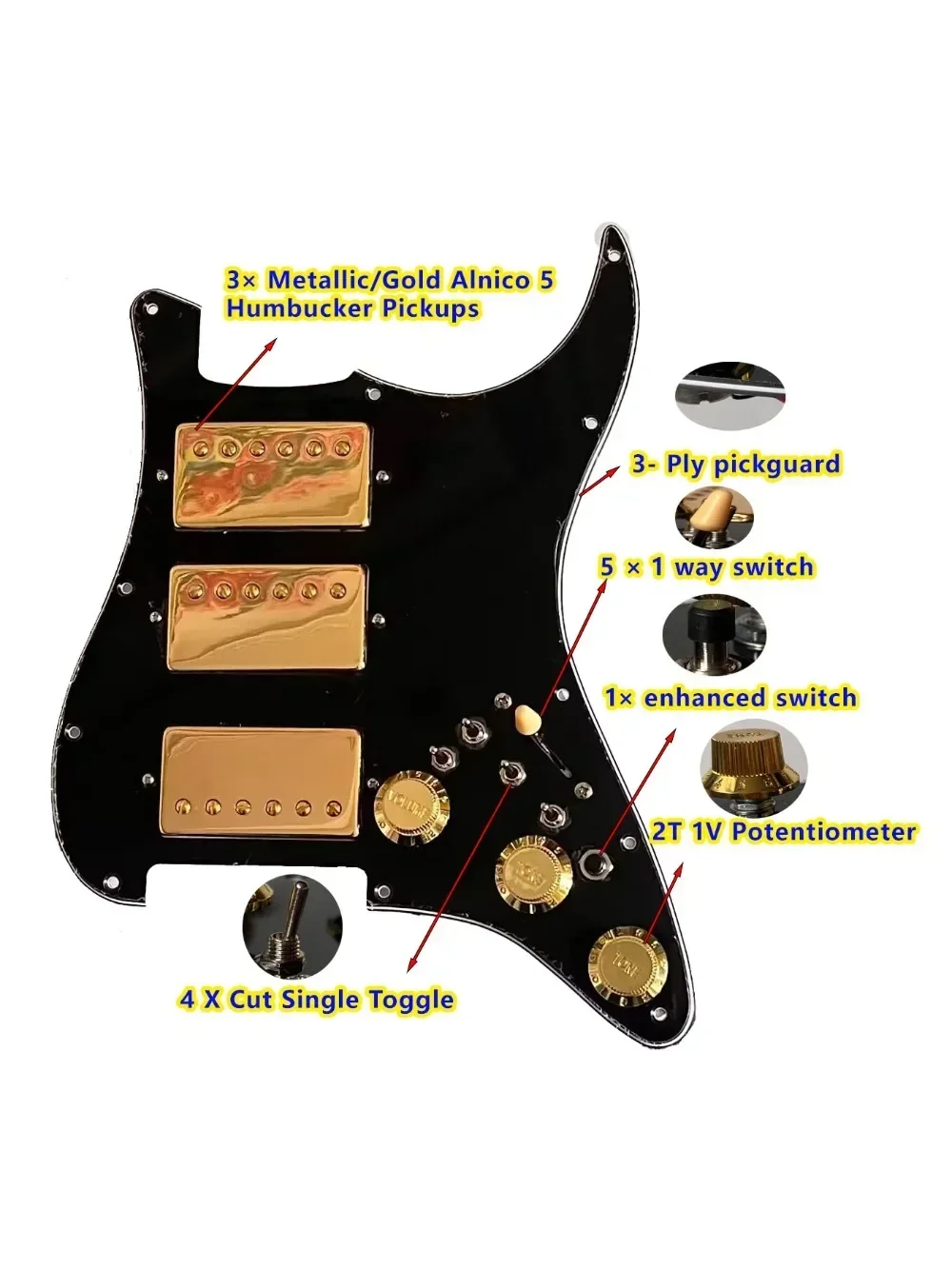 Guitar HHH Prewired Loaded ST Pickguard with Humbucker Alnico V Humbucker Pickups Coil Split Switch Set for ST Electric Guitar