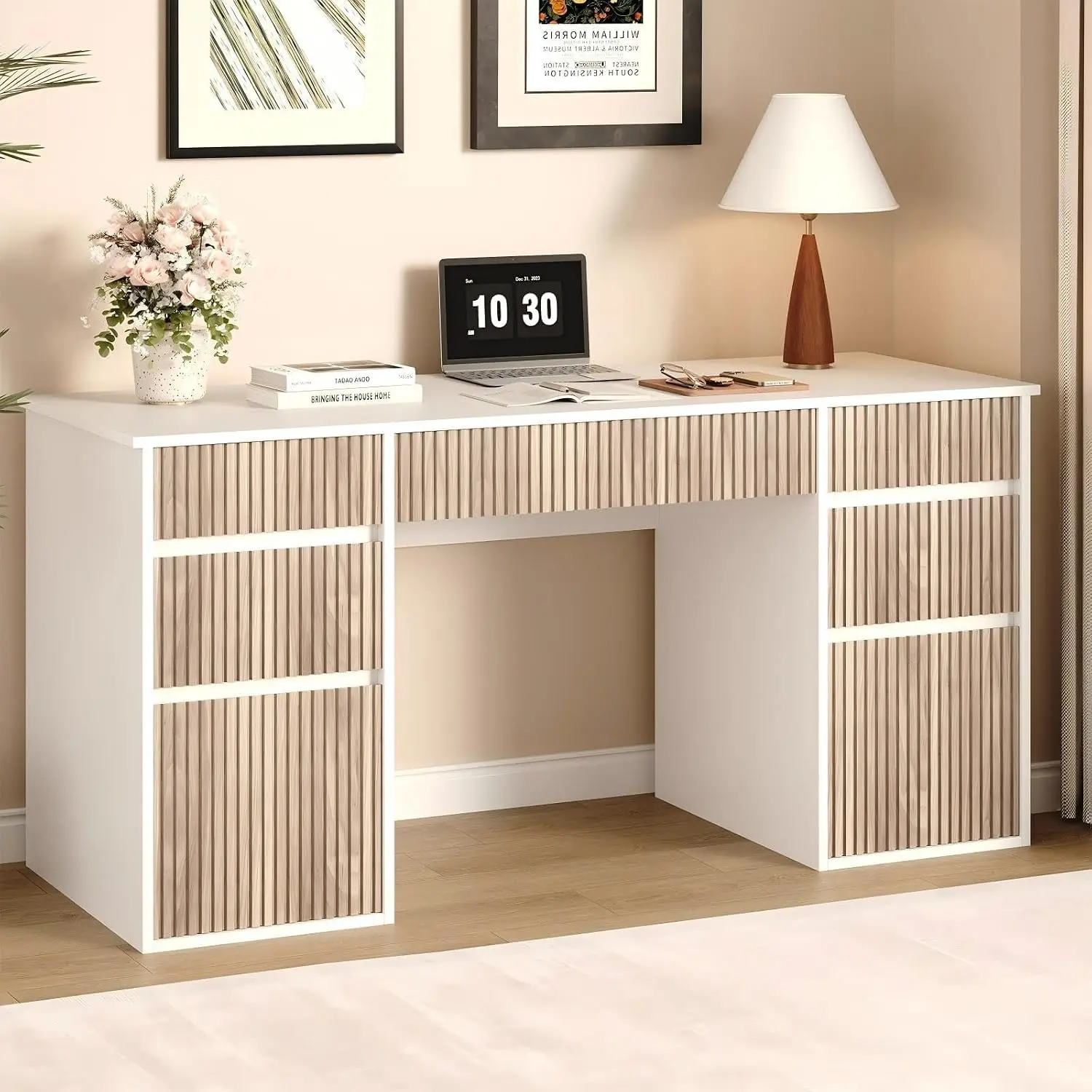 White Desk with Drawers, 58 Inch Executive Desk with File Cabinet