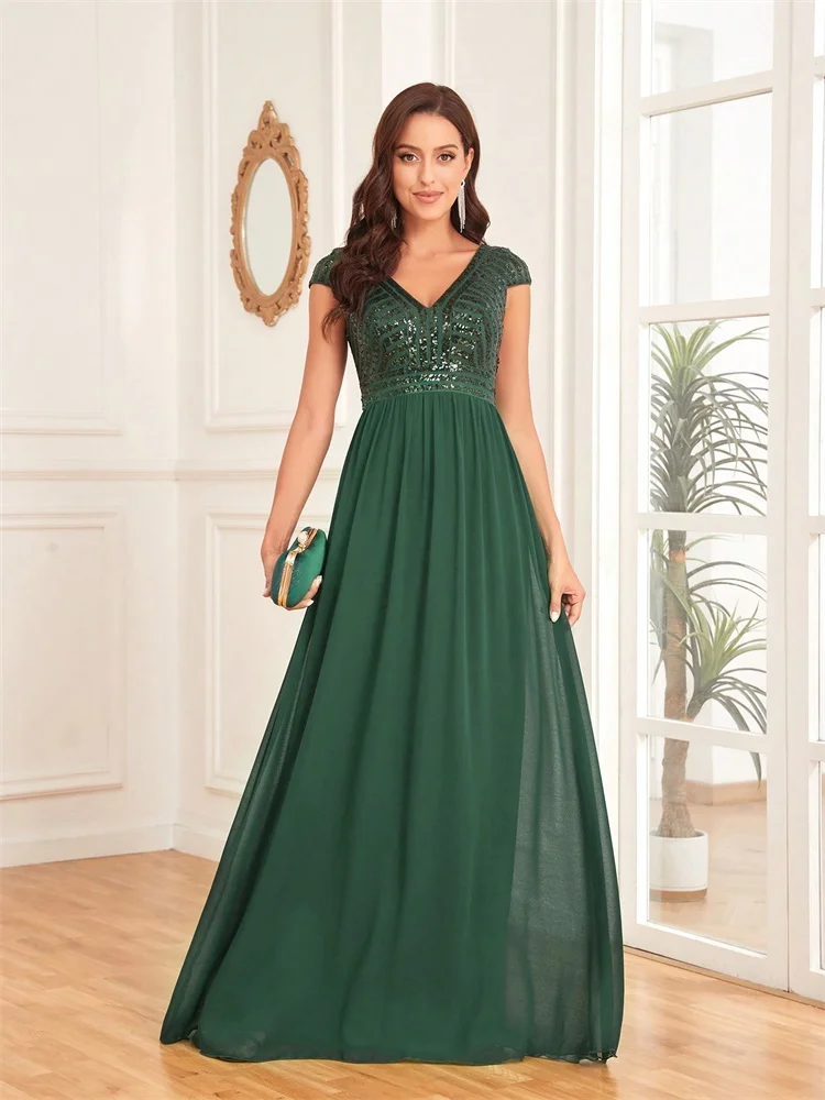 エレガントなスパンコールキャップスリーブイブニングドレス女性 2025 V ネックグリーンウェディングパーティー卒業ウエディングシフォンカクテルドレス