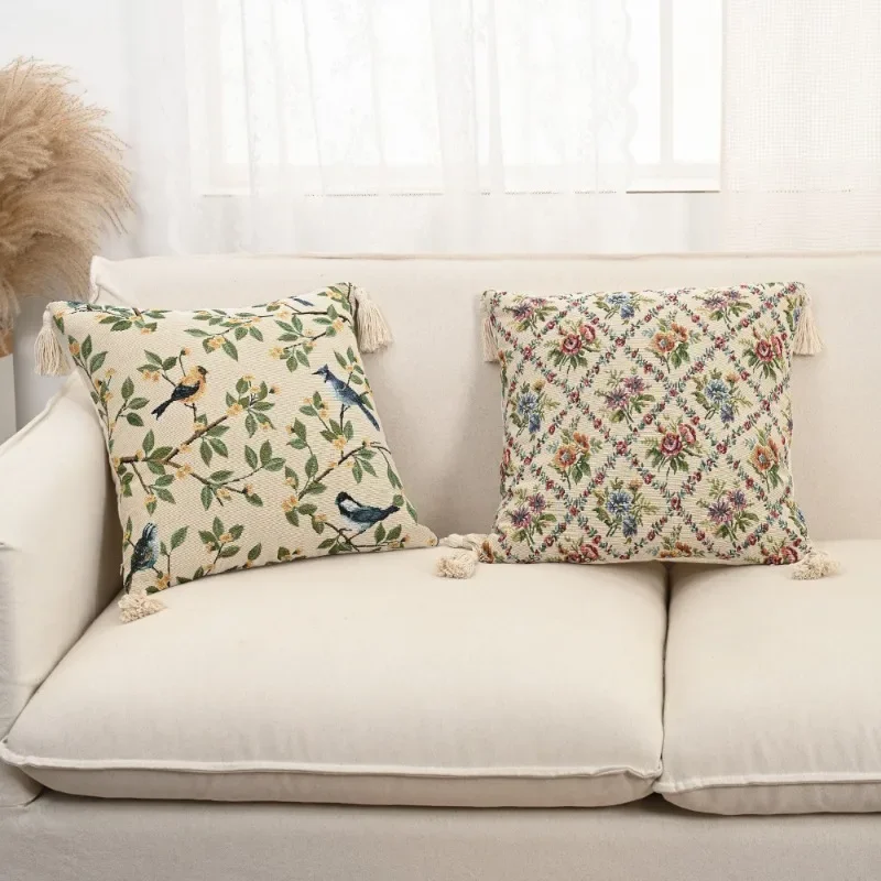 European Style Cotton Linen Flower Cushion Pillowcase Retro Living Room Sofa Backrest High Precision Jacquard Cushion Cover