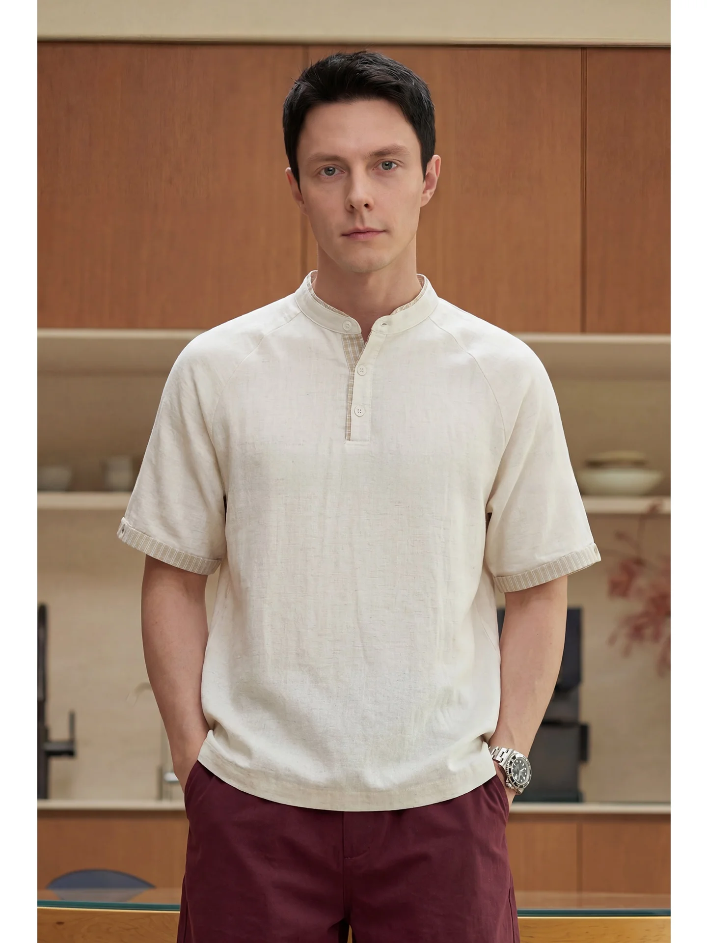 Cool Sensation Linen T-Shirt Men's Short Sleeve Cleanfit Henry Collar Summer Fashion Urban Style Breathable Comfortable Casua...
