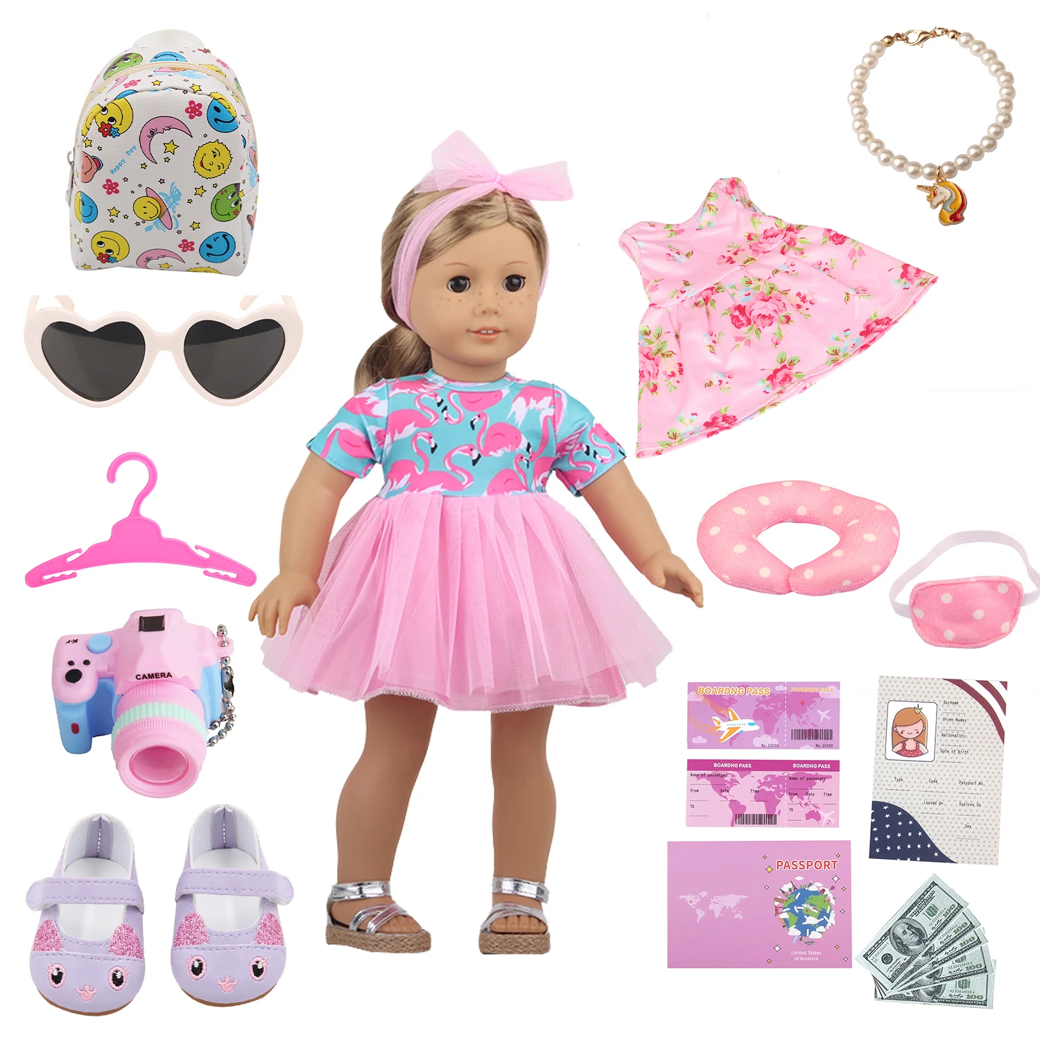 Doll Travel Clothes, Bags, Sunglasses, Cameras, Shoes Outfit For American 18inch&OG,Life,43cm Baby New Born Girtl Doll Gift Toy