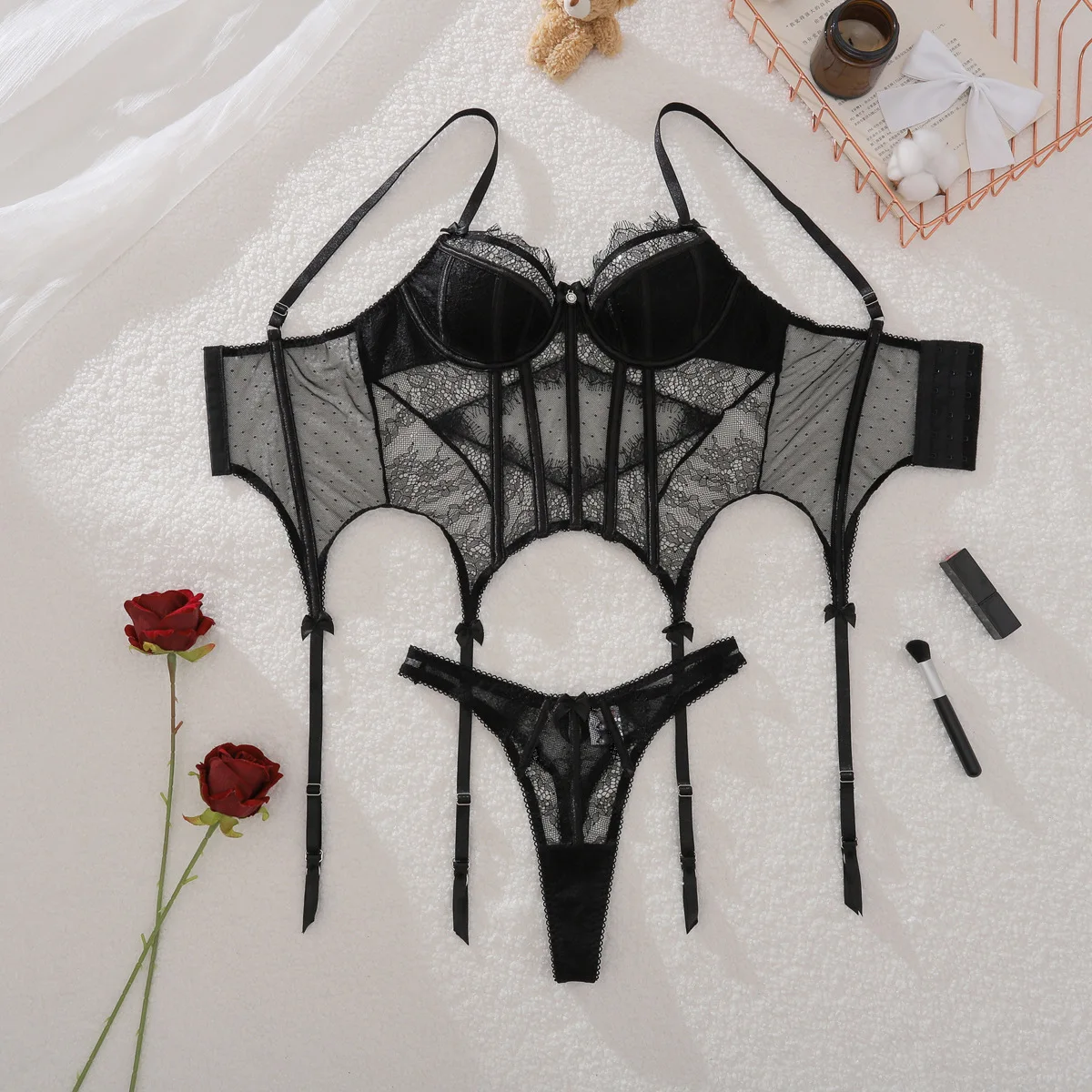 المرأة السوداء مثير مجموعة رومانسية انظر من خلال رمش الدانتيل مجموعة الدانتيل ضيق الخصر مقصعة هيكل السمكة مثير الملابس الداخلية مجموعة