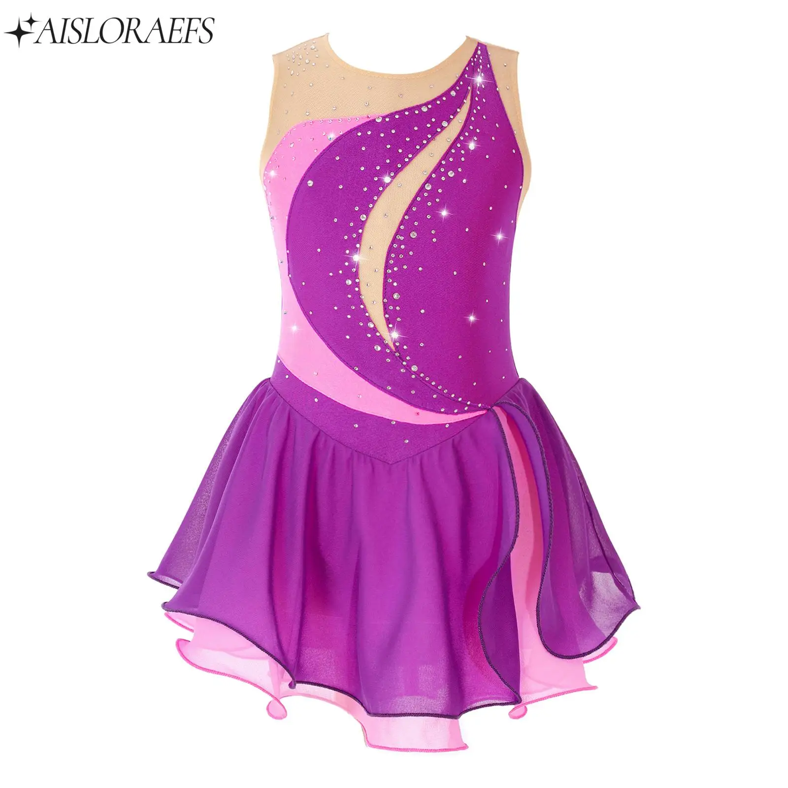 

Girls Shiny Rhinestone Tulle Ballet Gymnastics Leotard Sleeveless Ruffle Tutu Dress Leotards Figure Skating Competition Costume