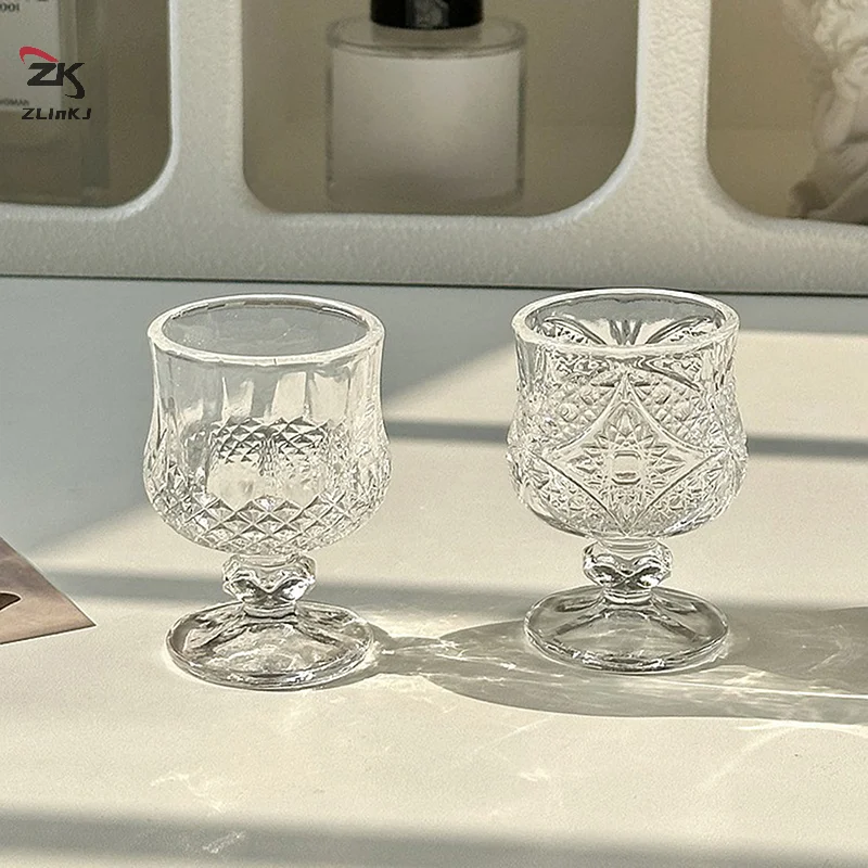 1pc 45ml 200ml Korean Style Engraved Embossed Small Goblet Glass Cup For Soju Sake Liquor Short Stemmed Glass