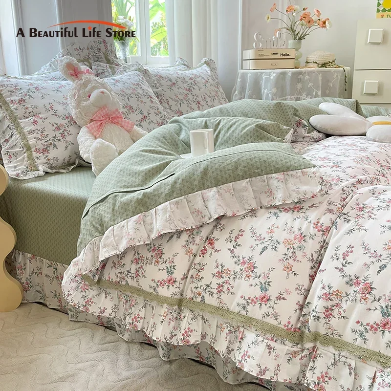 

French Country Style Princess Bedding Set, 100% Cotton, Floral Ruffled Edge, Duvet Cover, Flat, Fitted Bed Sheet, Pillowcases