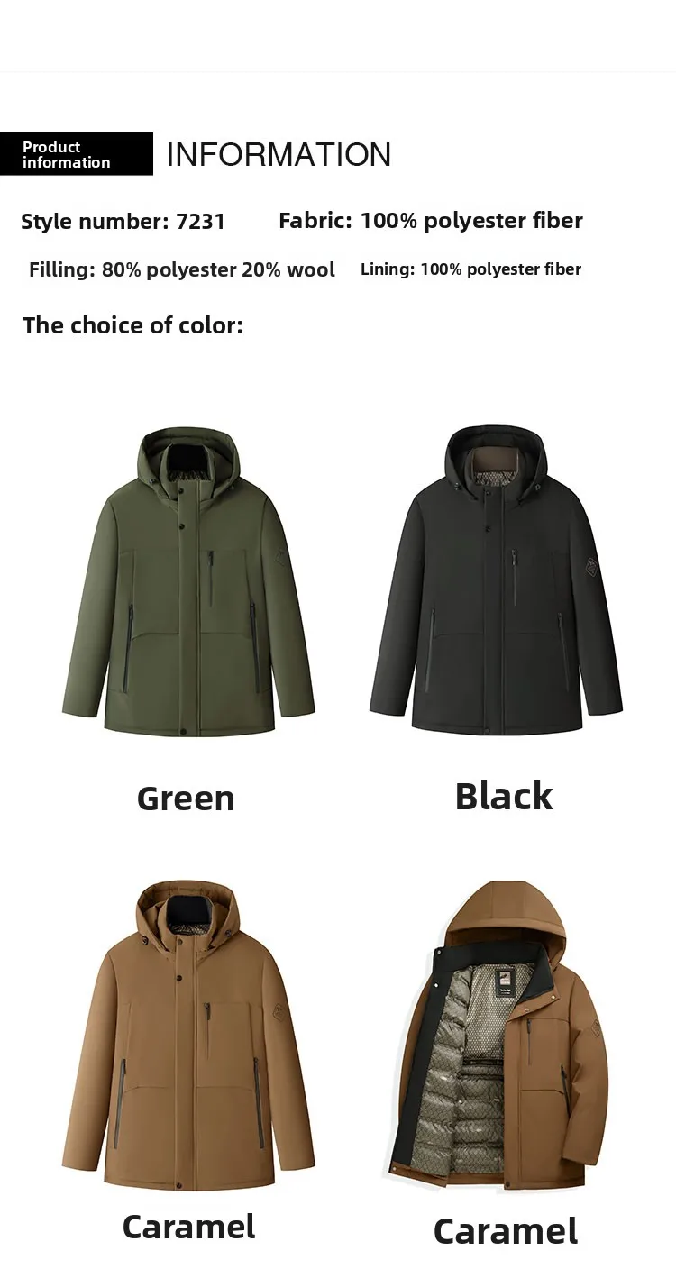 2026 Men's Winter Wool Blend Hooded Parka Thick Warm Windproof Casual Quilted Cotton Coat Heavyweight Outdoor Streetwear Vintage
