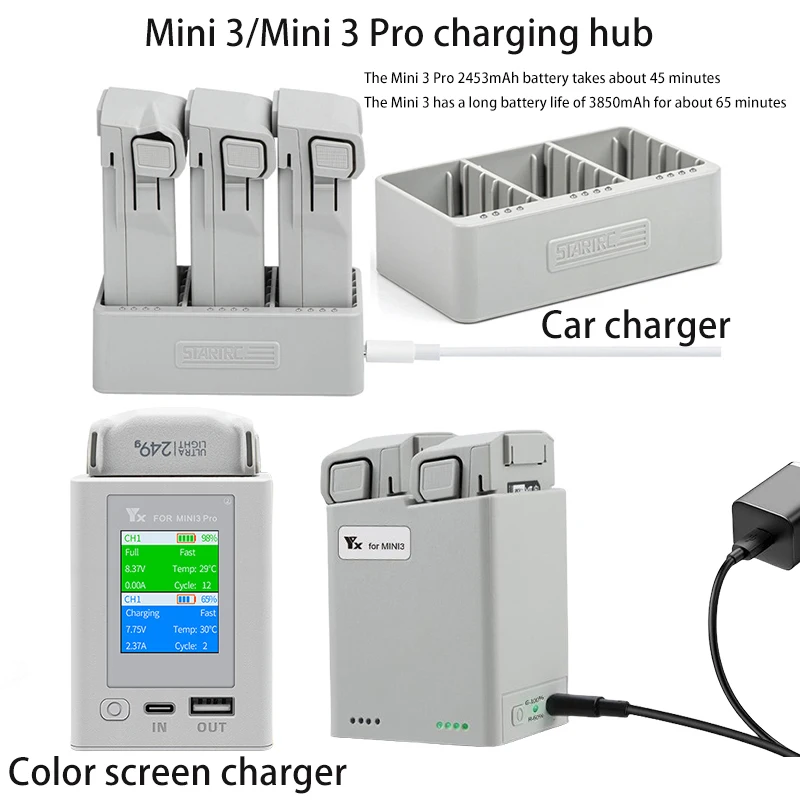 Chargeur de batterie intelligent avec écran d'affichage numérique, hub de charge et chargeur de voiture, charge rapide pour nounou, DJI MINI 4Pro et MINI 3 PRO