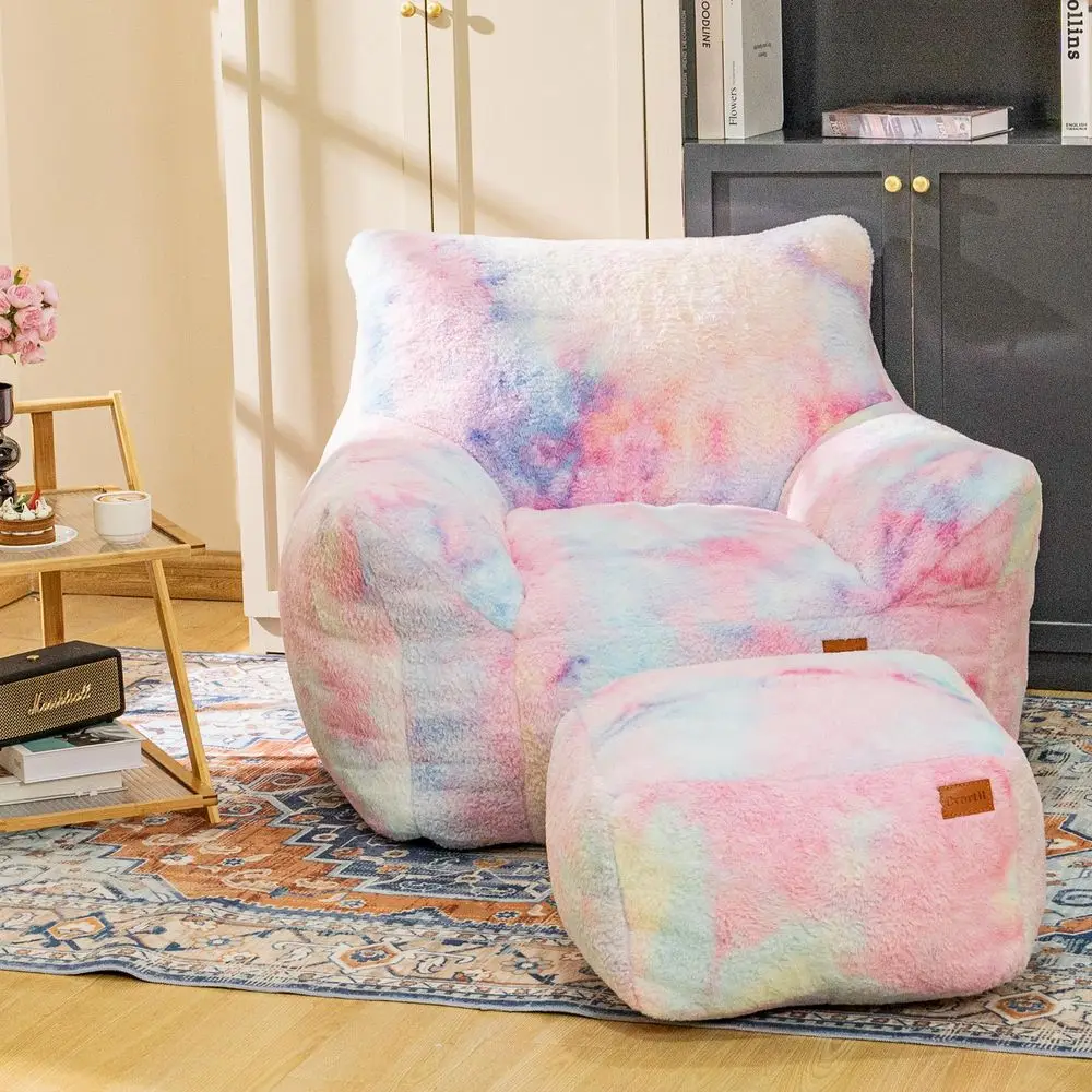 Bean Bag Chair, Sherpa Accent Beanbag Chair and Ottoman Set, Fur Faux Bean Bag Chair with Memory Foam Filled, Lazy Sofa Comfy C