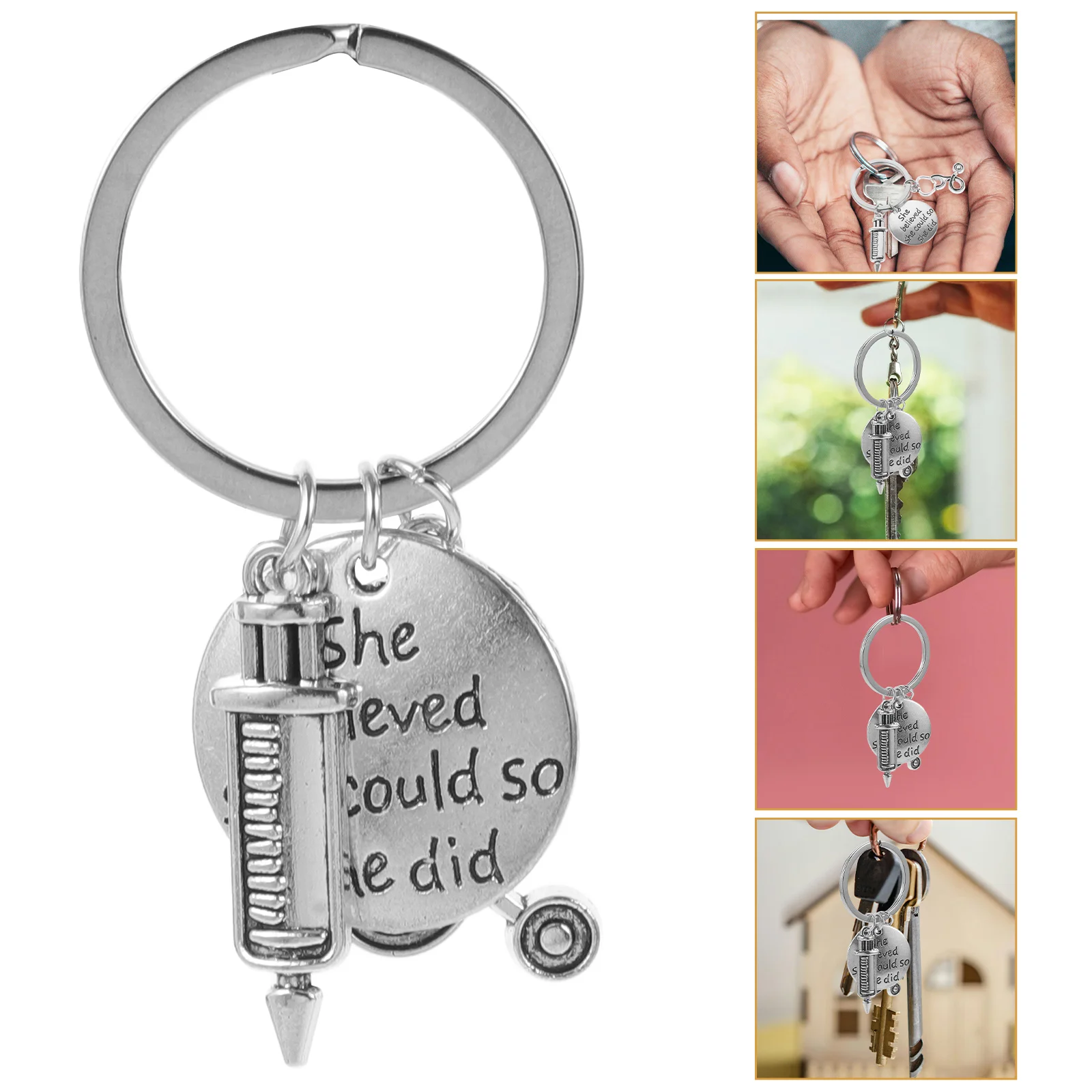 2pcs s Day Key Holder Syringe Keychains Love Heart Pendant Stainless Steel Key Rings Craft Ornaments Gifts